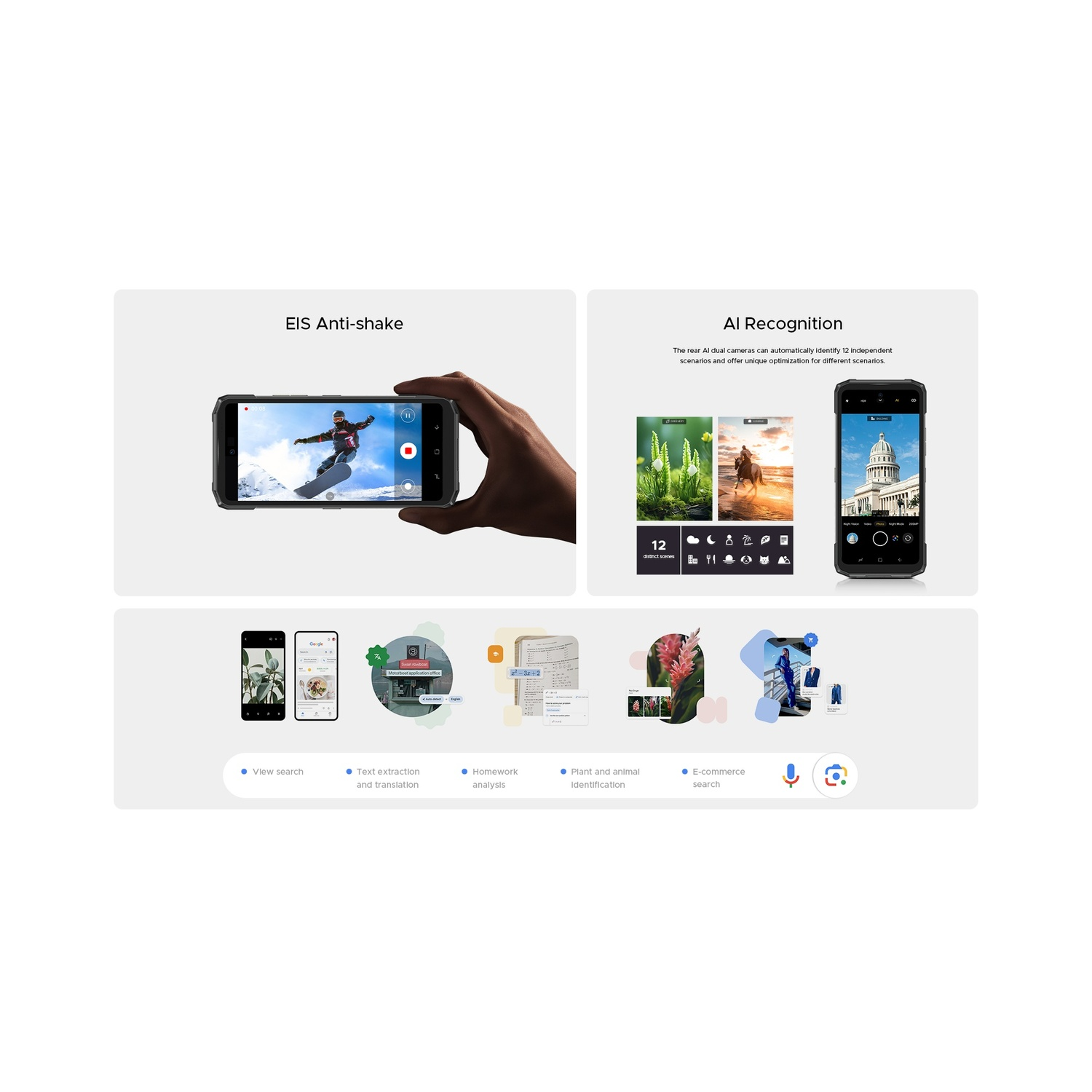 L'immagine mostra un telefono con stabilizzazione, riconoscimento AI e altre funzioni come l'estrazione di testo e la ricerca e-commerce.