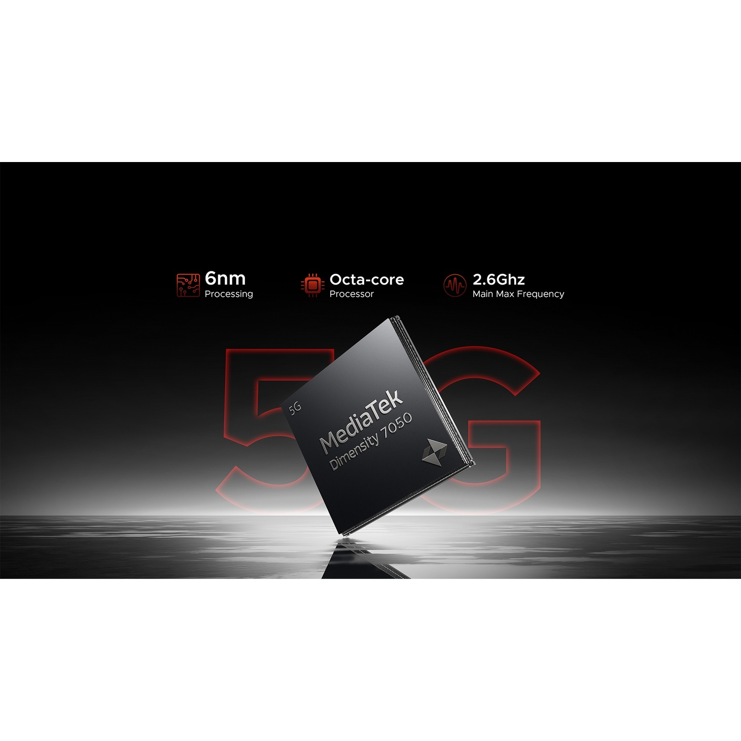 L'immagine mostra un chip MediaTek Dimensity 7050, logo 5G, dettagli di elaborazione e specifiche del processore su sfondo scuro.