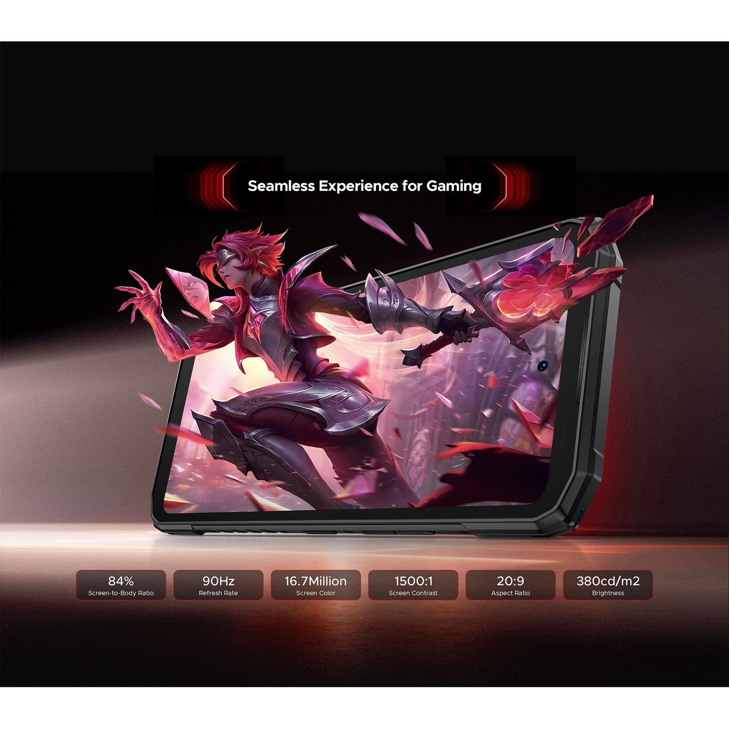 Un tablet con una scena di gioco sullo schermo. È raffigurata una figura di guerriero con una spada. Testo: Esperienza di gioco fluida.
