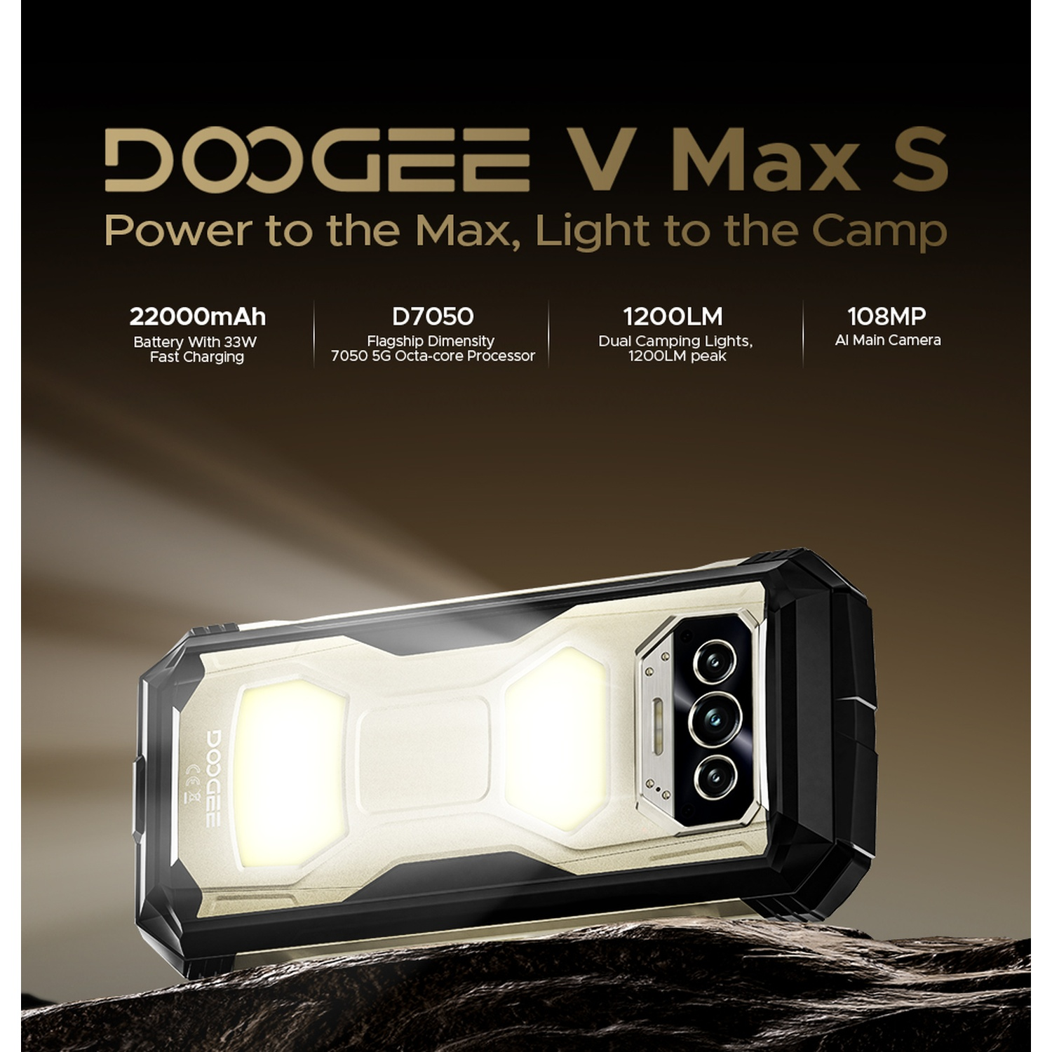 Telefono DOOGEE V Max S. Caratteristiche: batteria da 22000mAh, fotocamera da 108MP e luci da 1200LM. Colori nero e oro, design robusto.