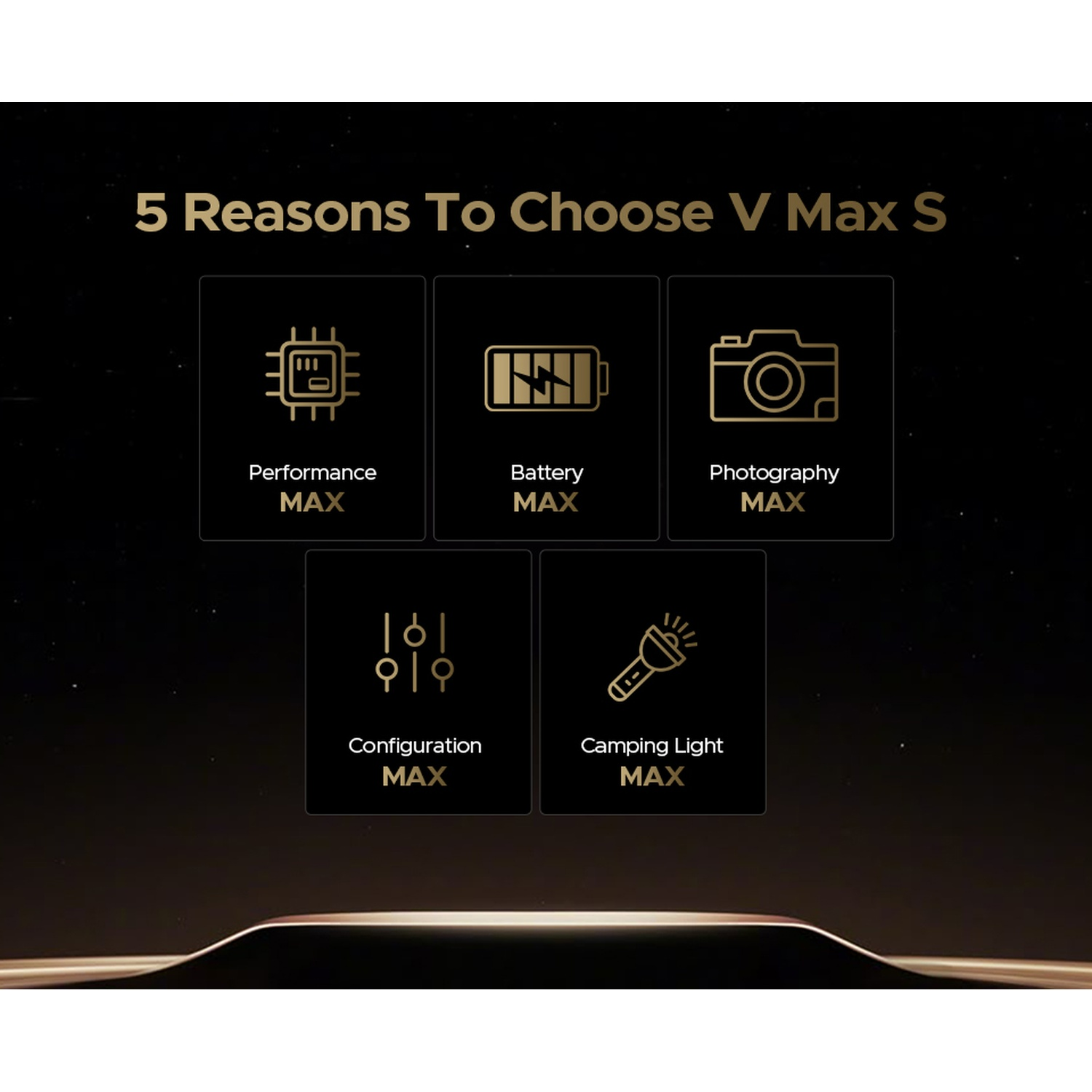 L'immagine mostra cinque motivi per scegliere V Max S: prestazioni, batteria, fotografia, configurazione e luce da campeggio.