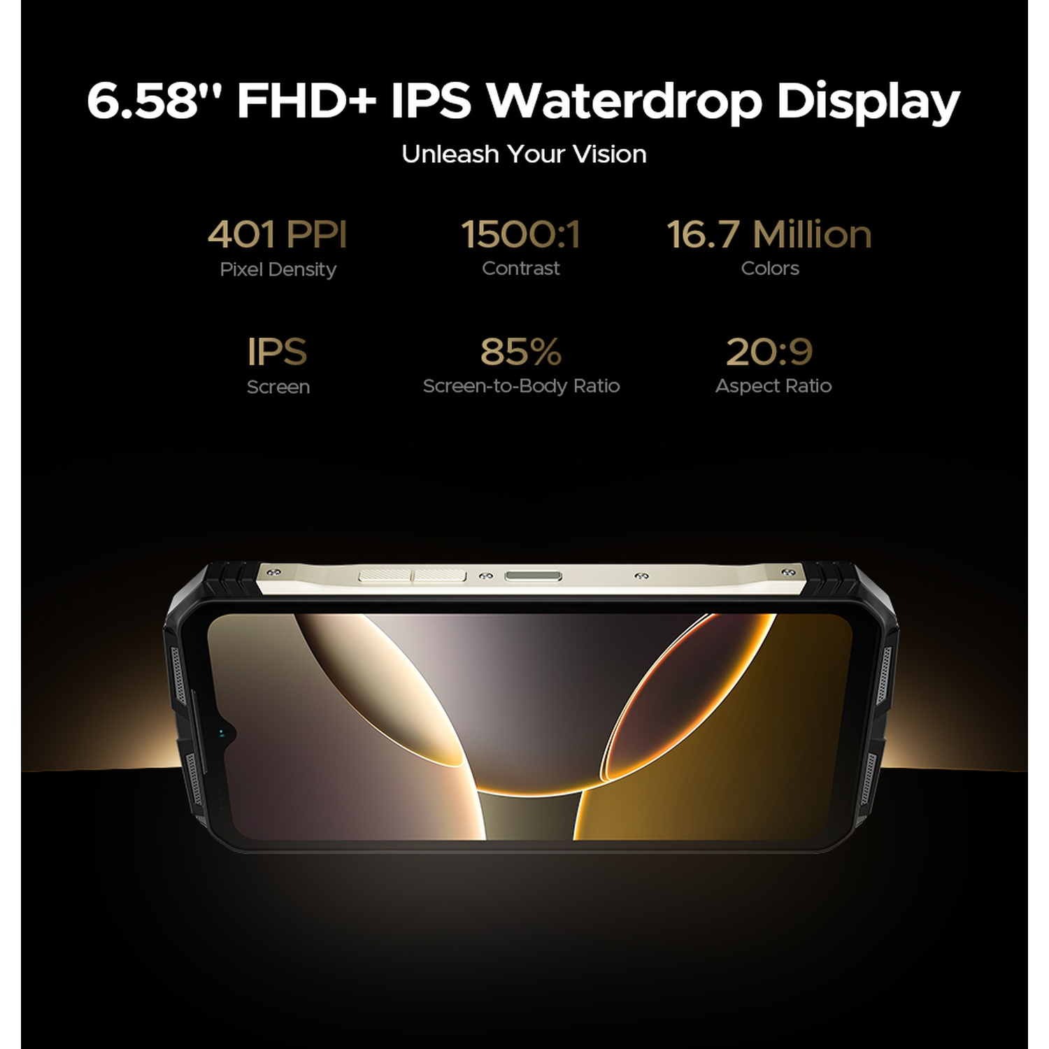 È mostrato uno smartphone con un design nero e oro. Lo schermo mostra un design astratto e luminoso. Il testo evidenzia le caratteristiche del display.