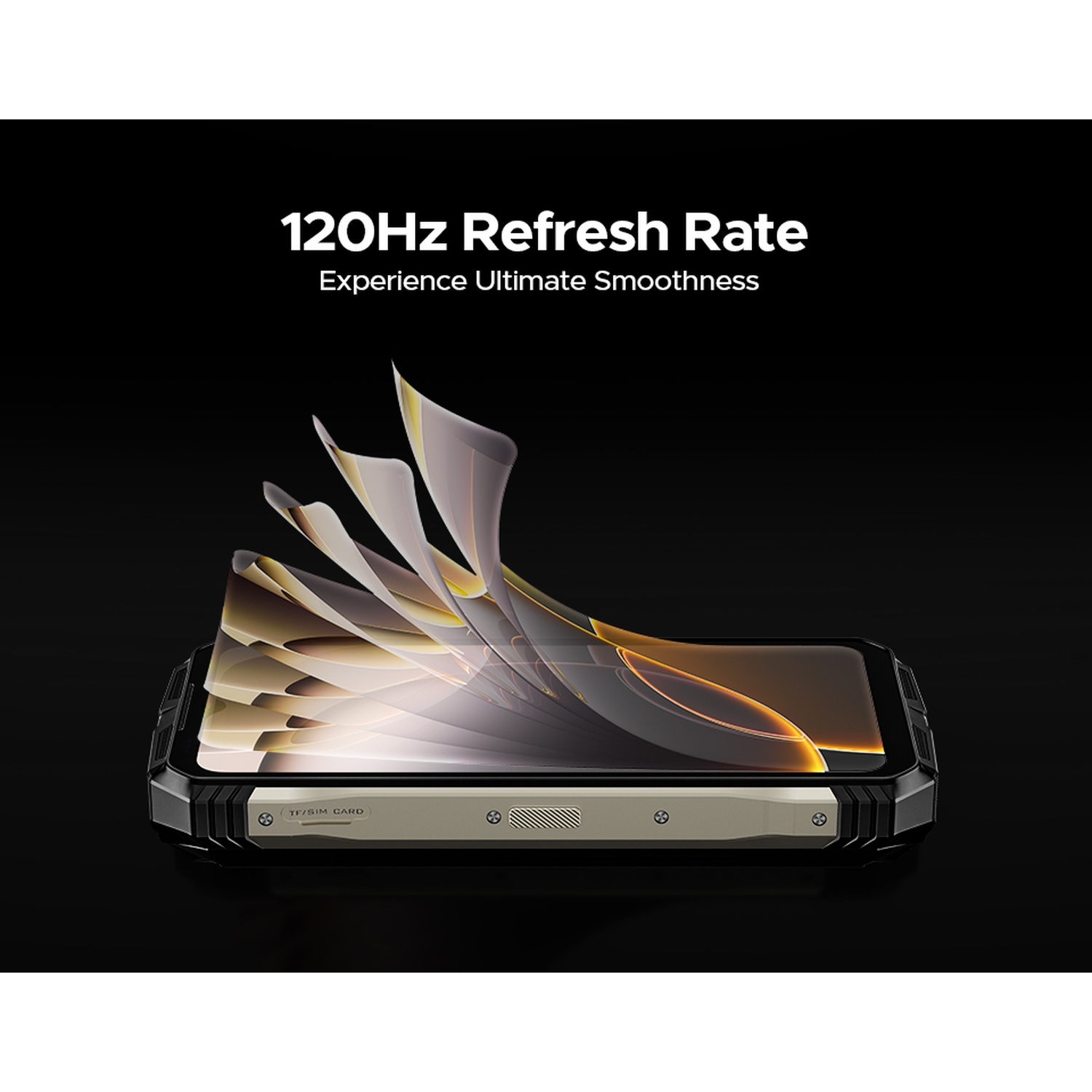Viene mostrato uno smartphone con cornice nera e base beige. Lo schermo mostra livelli animati. In alto, testo: '120Hz Refresh Rate'.