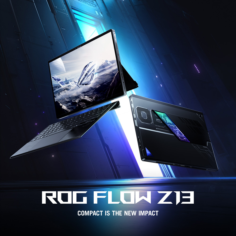 A dark laptop with a detached keyboard, displaying a landscape scene. The ROG Flow Z13 logo and the tagline 'Compact is the new impact' are at the bottom.