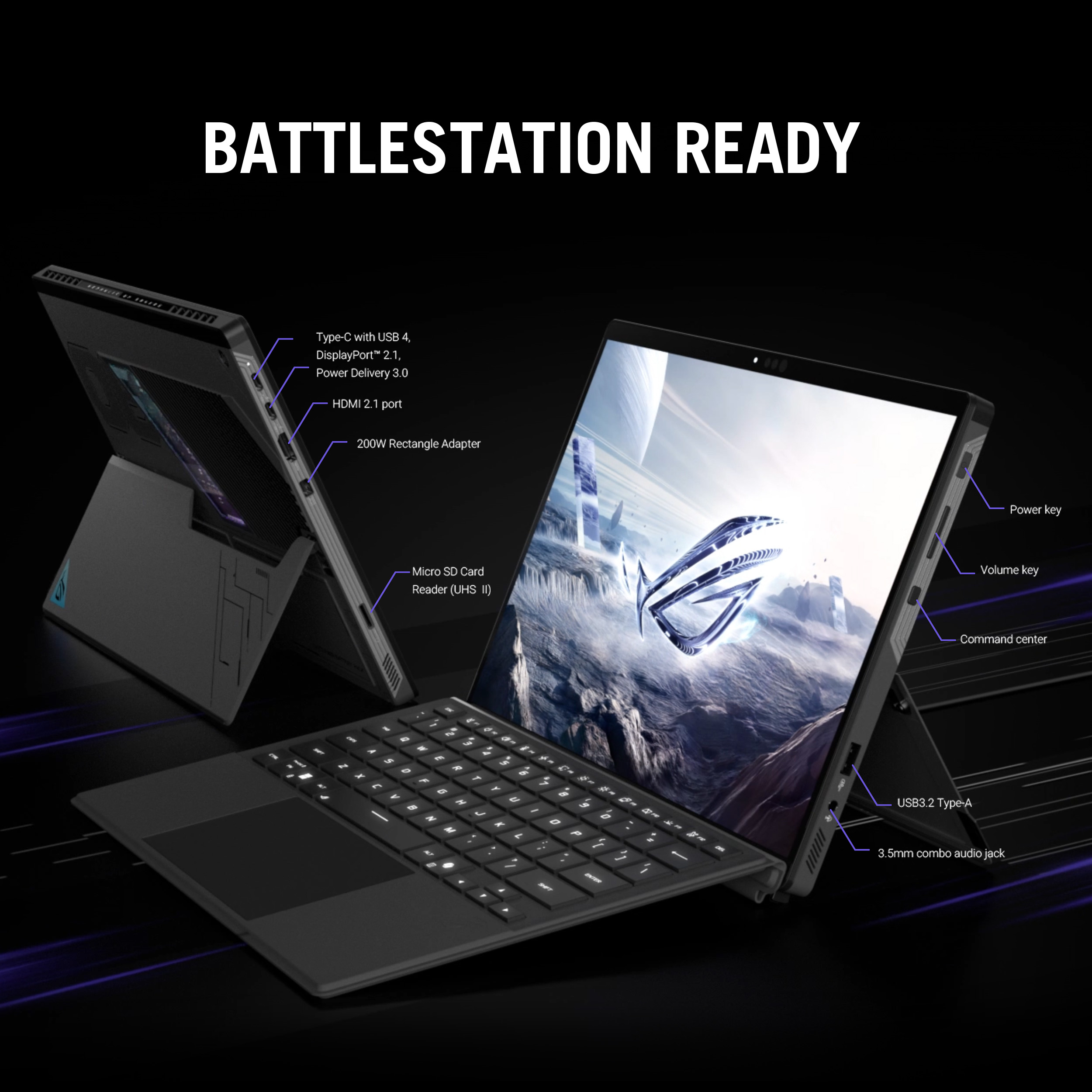 A black laptop is shown open, keyboard visible. Features include USB, HDMI, power key, and a cosmic background.