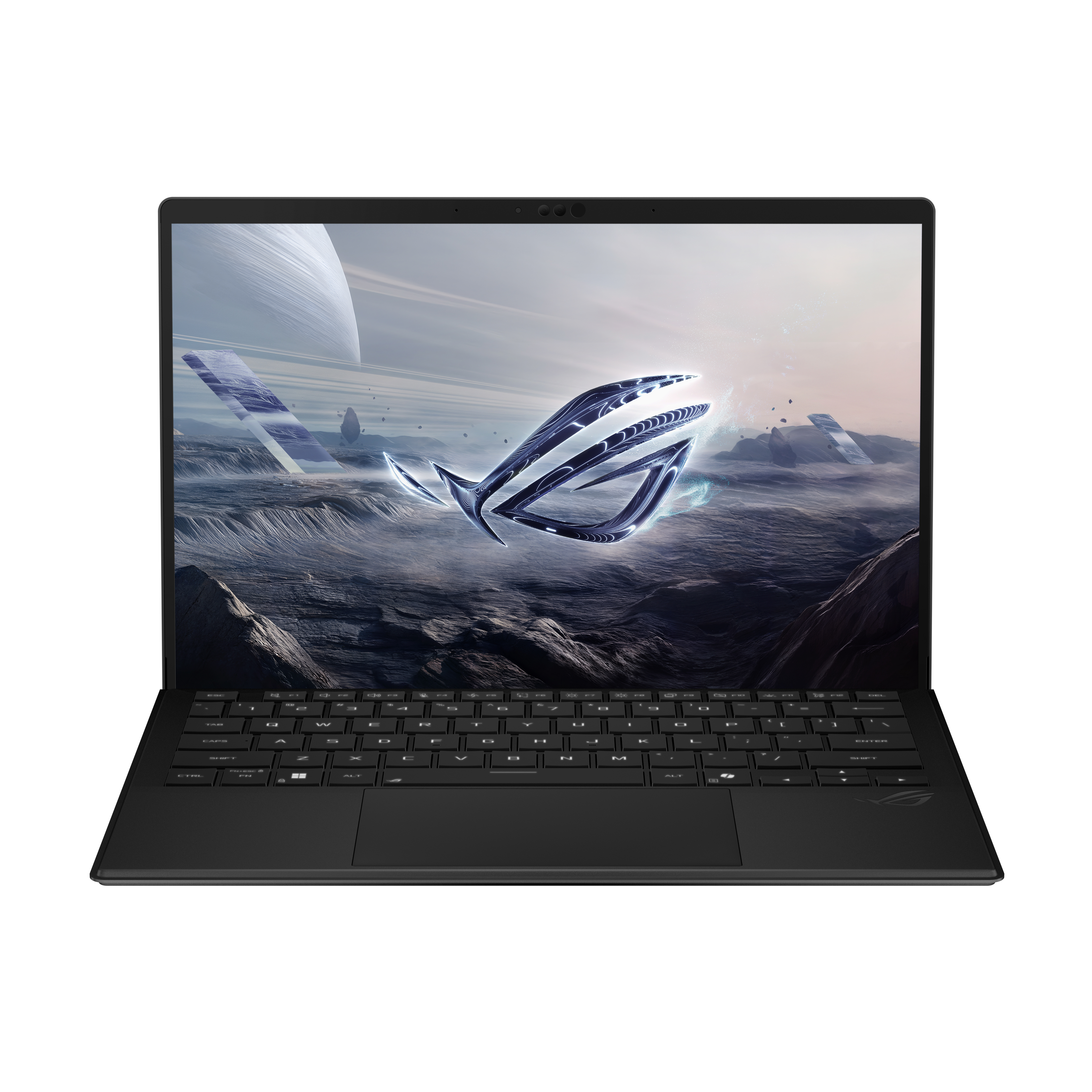 Black laptop, open, showing a futuristic landscape with a logo. Keyboard visible. White background.