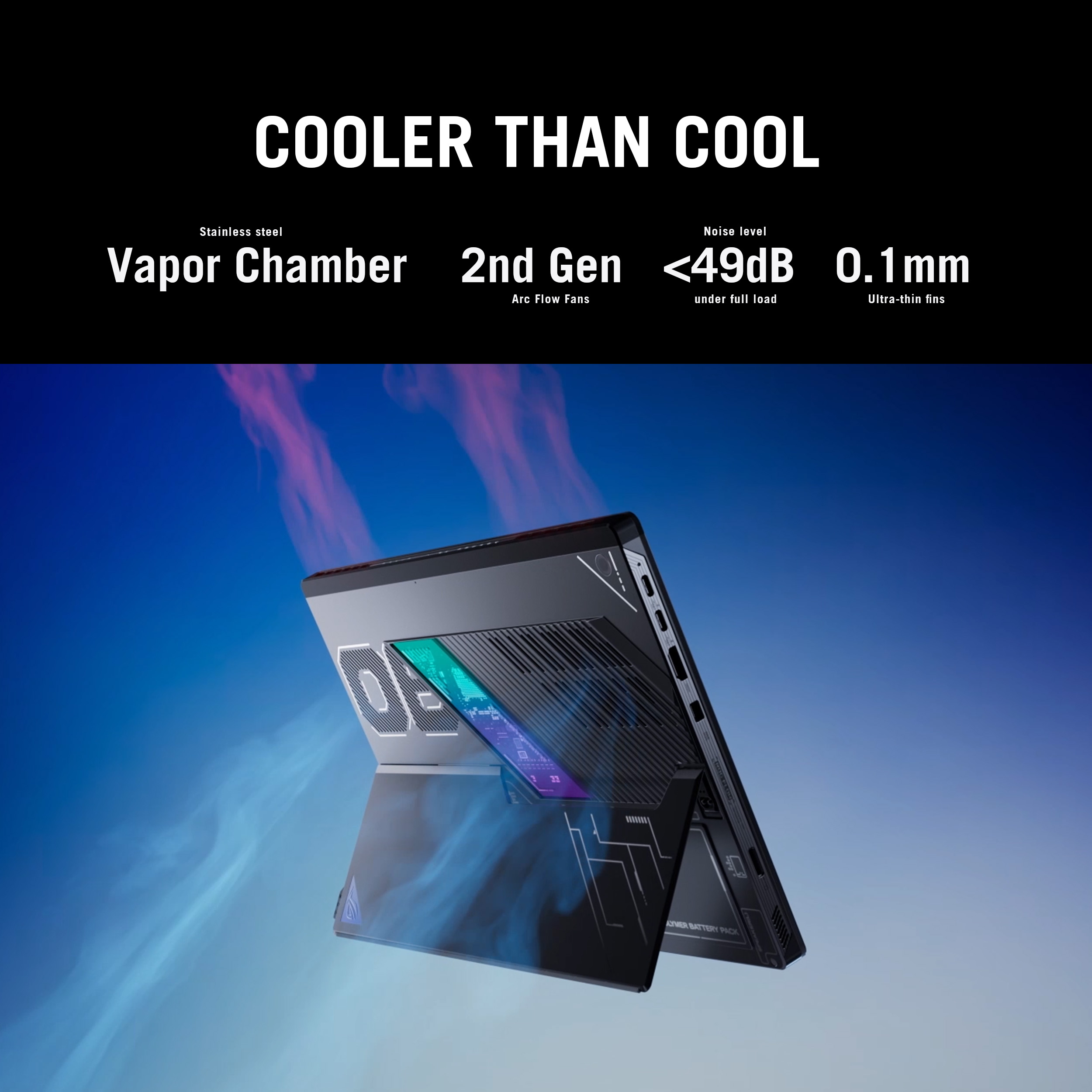 Laptop angled open with blue and purple vapor effects. Text states 'cooler than cool' and features.