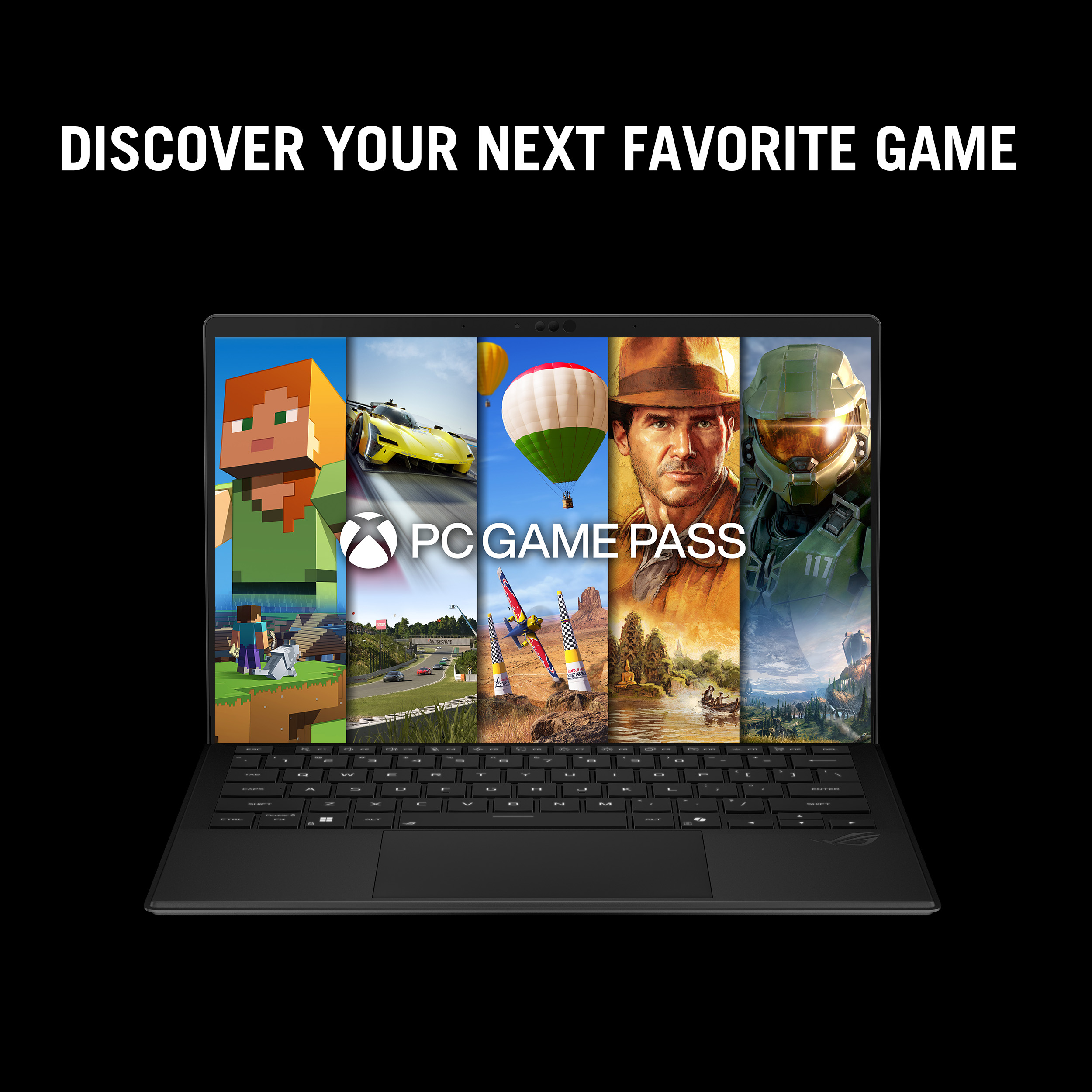 Laptop screen showing various game images, with text 'PC GAME PASS' and 'DISCOVER YOUR NEXT FAVORITE GAME'.