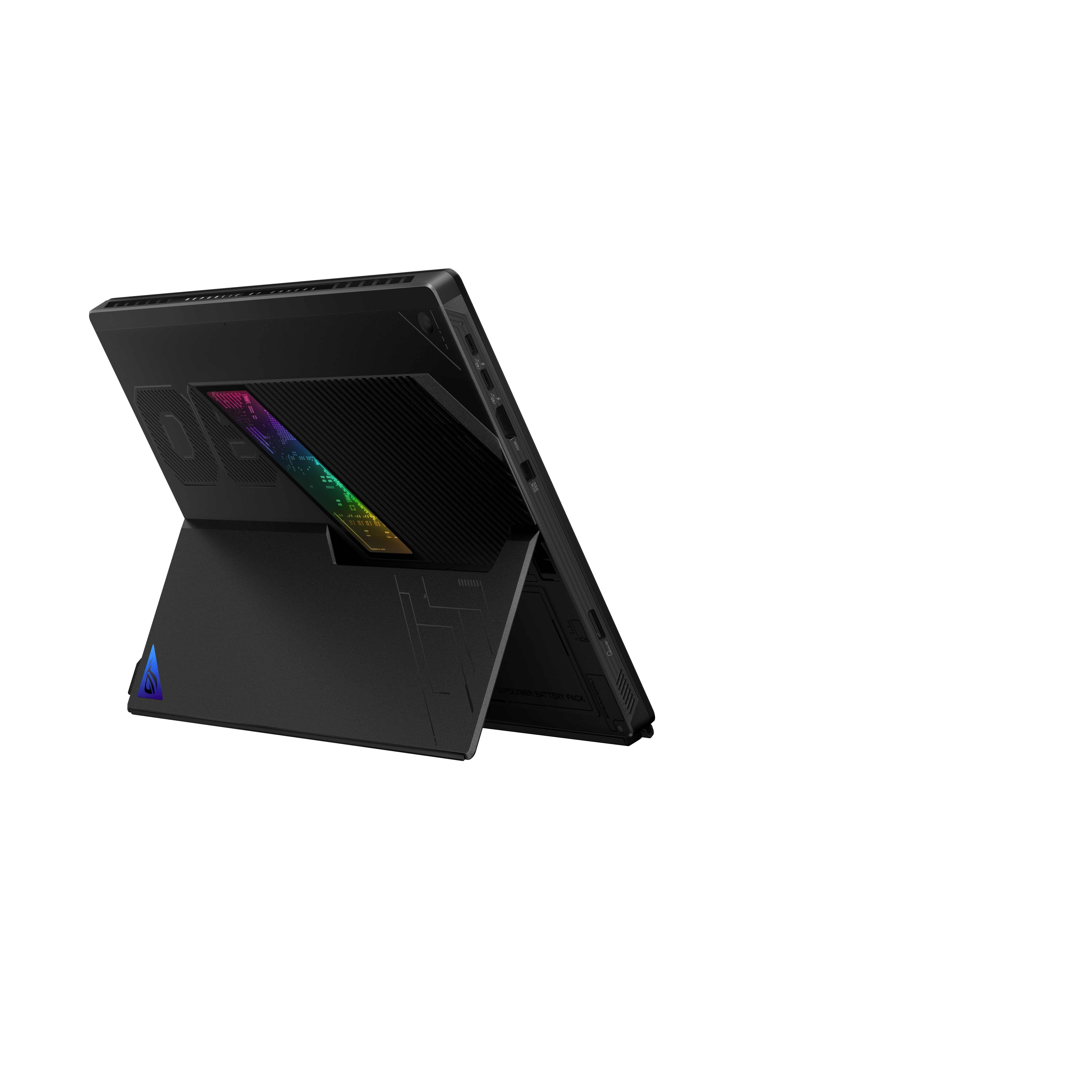 Black laptop, open, angled. Display is open with colorful lights. Bottom has logo. White background.