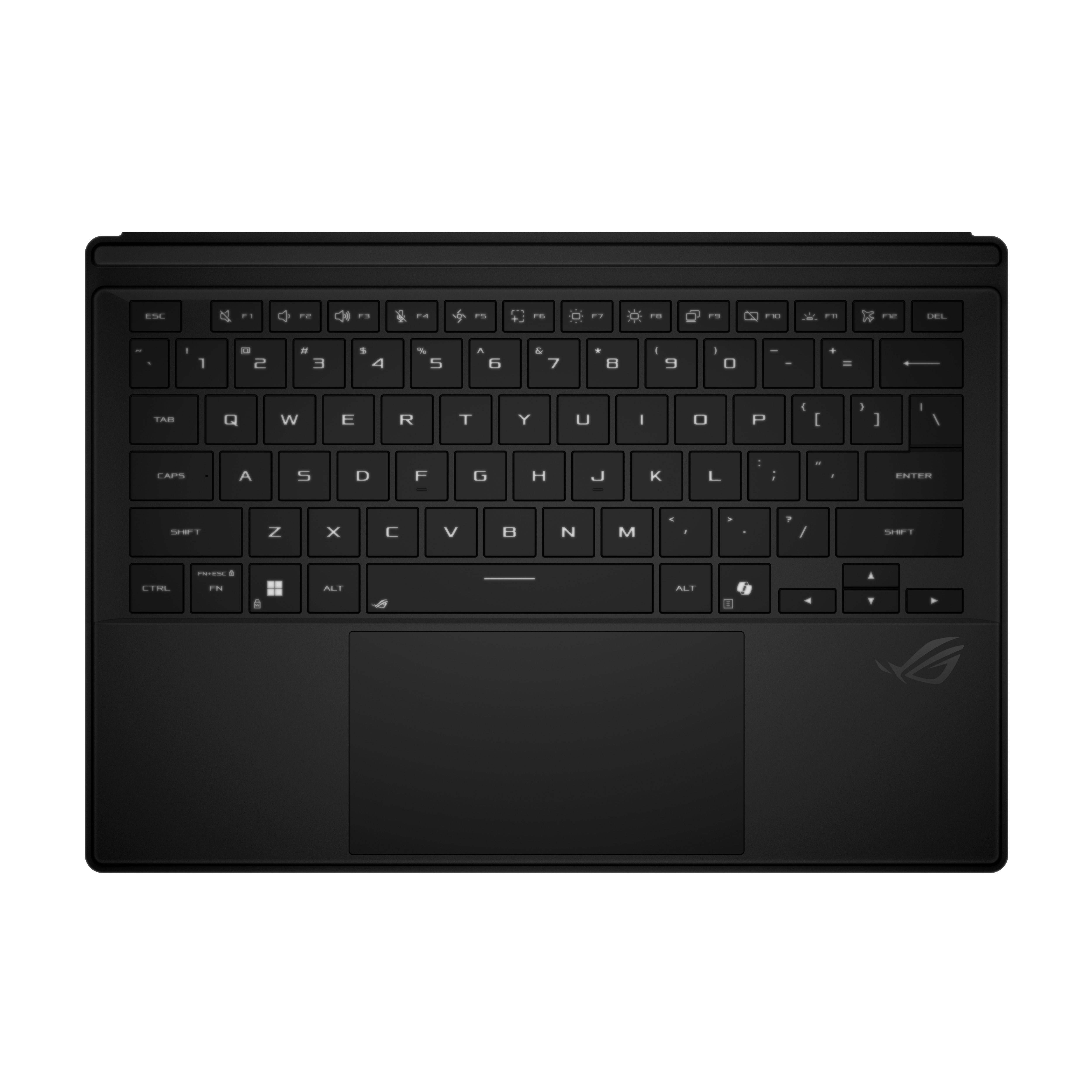 Black keyboard with keys and touchpad on a white background. ROG logo is present.