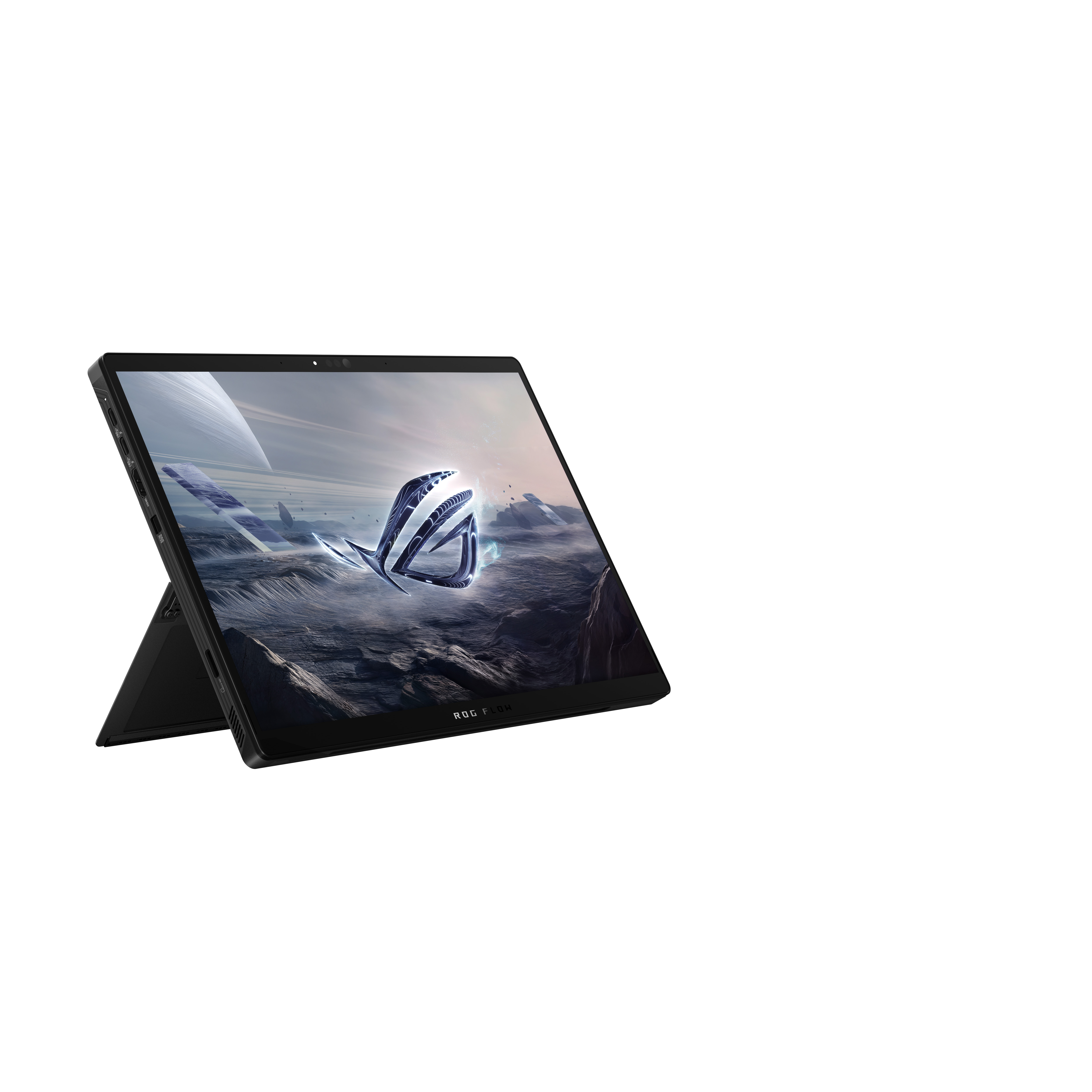 Black tablet with a display showing a futuristic landscape. The tablet is angled on a white background.