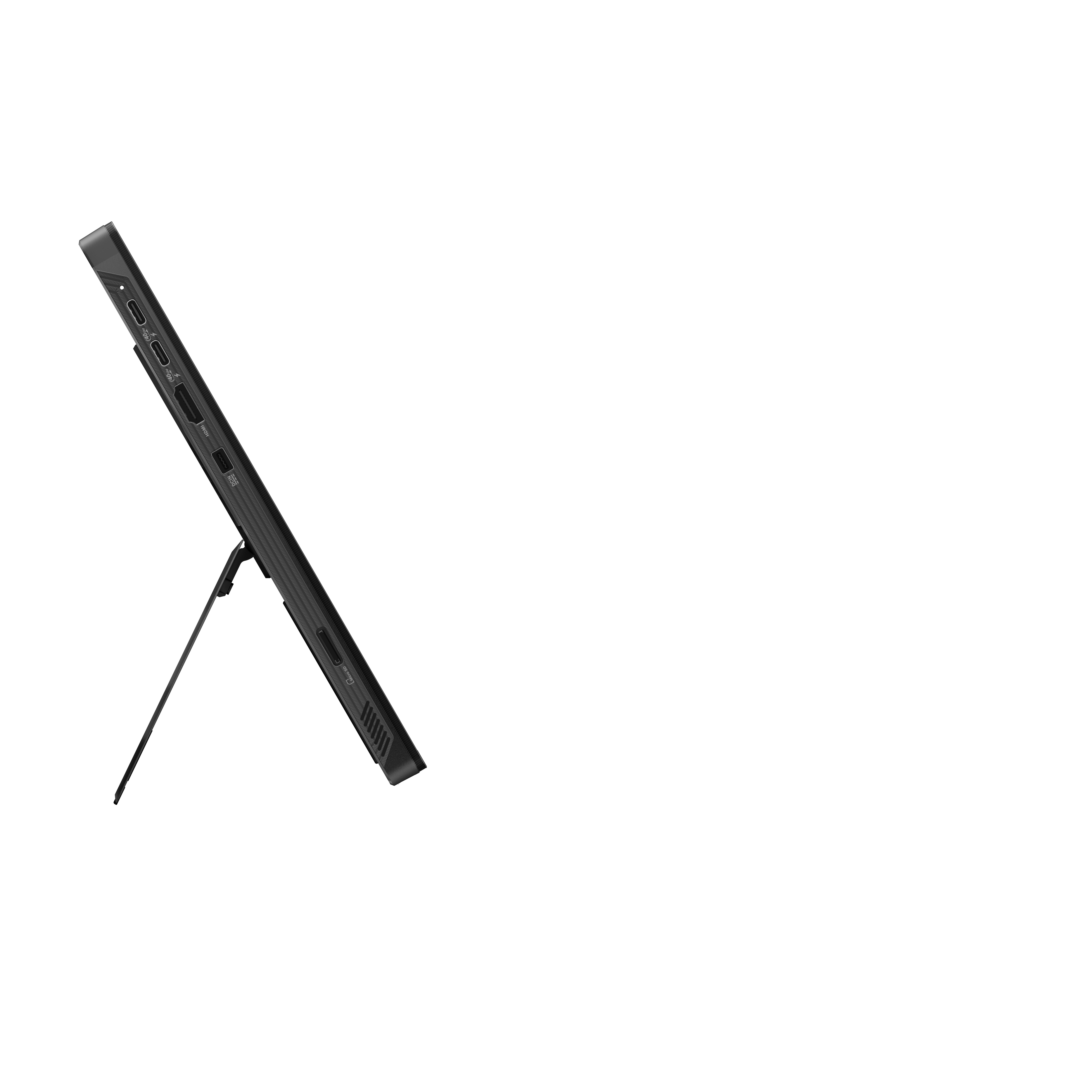 A black tablet with a kickstand is angled. Ports are visible on the side. The background is white.