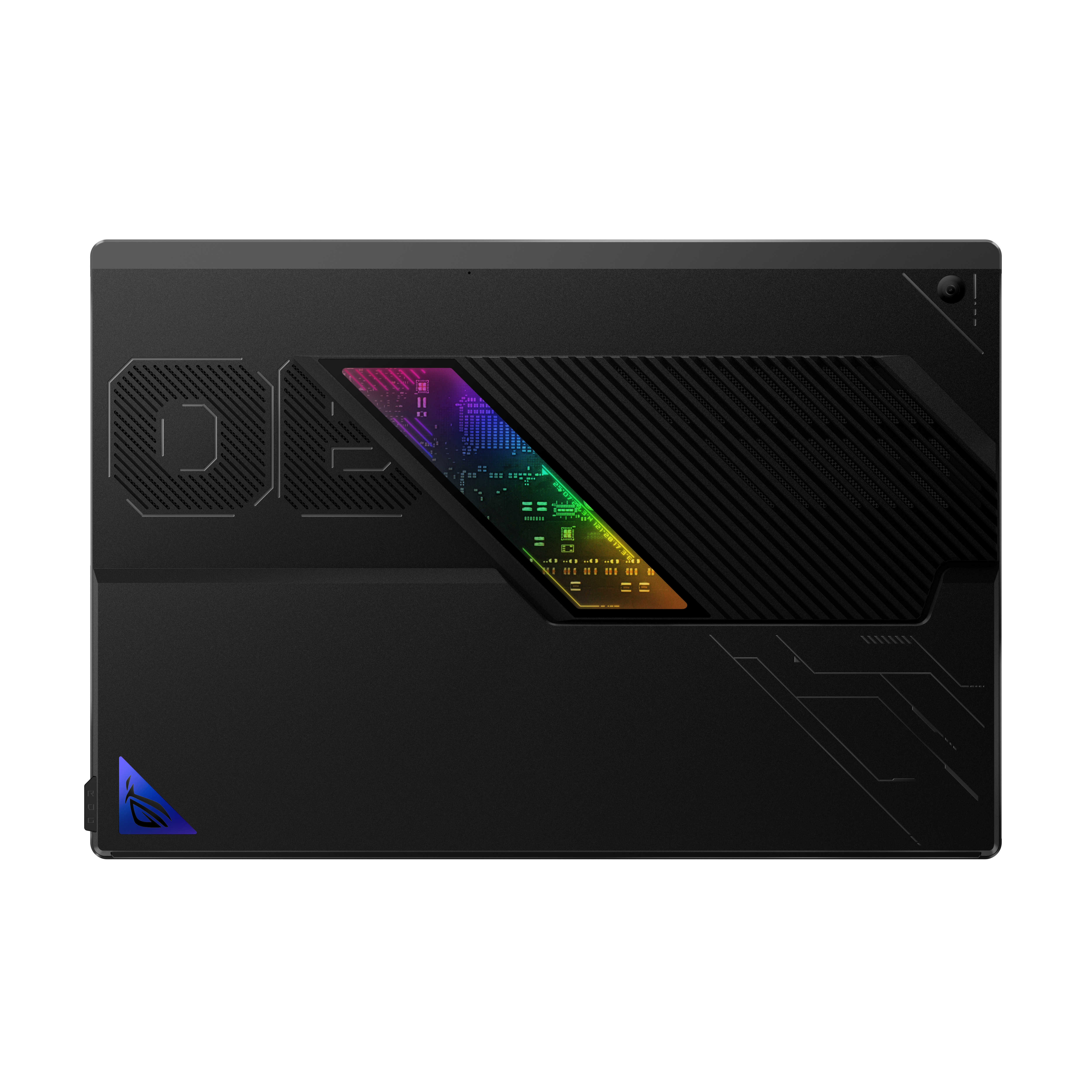 Black laptop with '02' design. It has a colorful display and a logo on the bottom left corner.