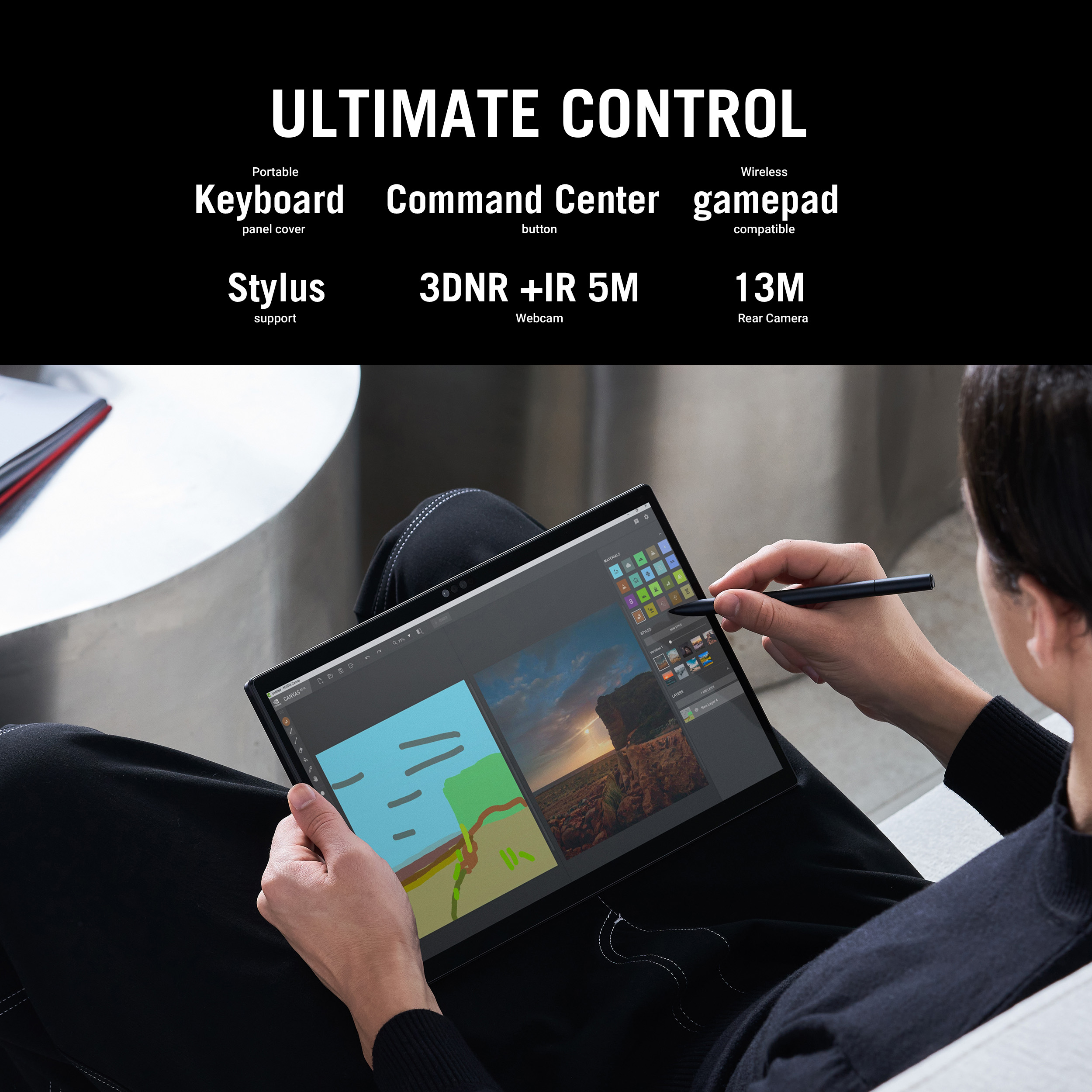 A person uses a stylus on a tablet, drawing. Text above lists features like keyboard, webcam, and rear camera.
