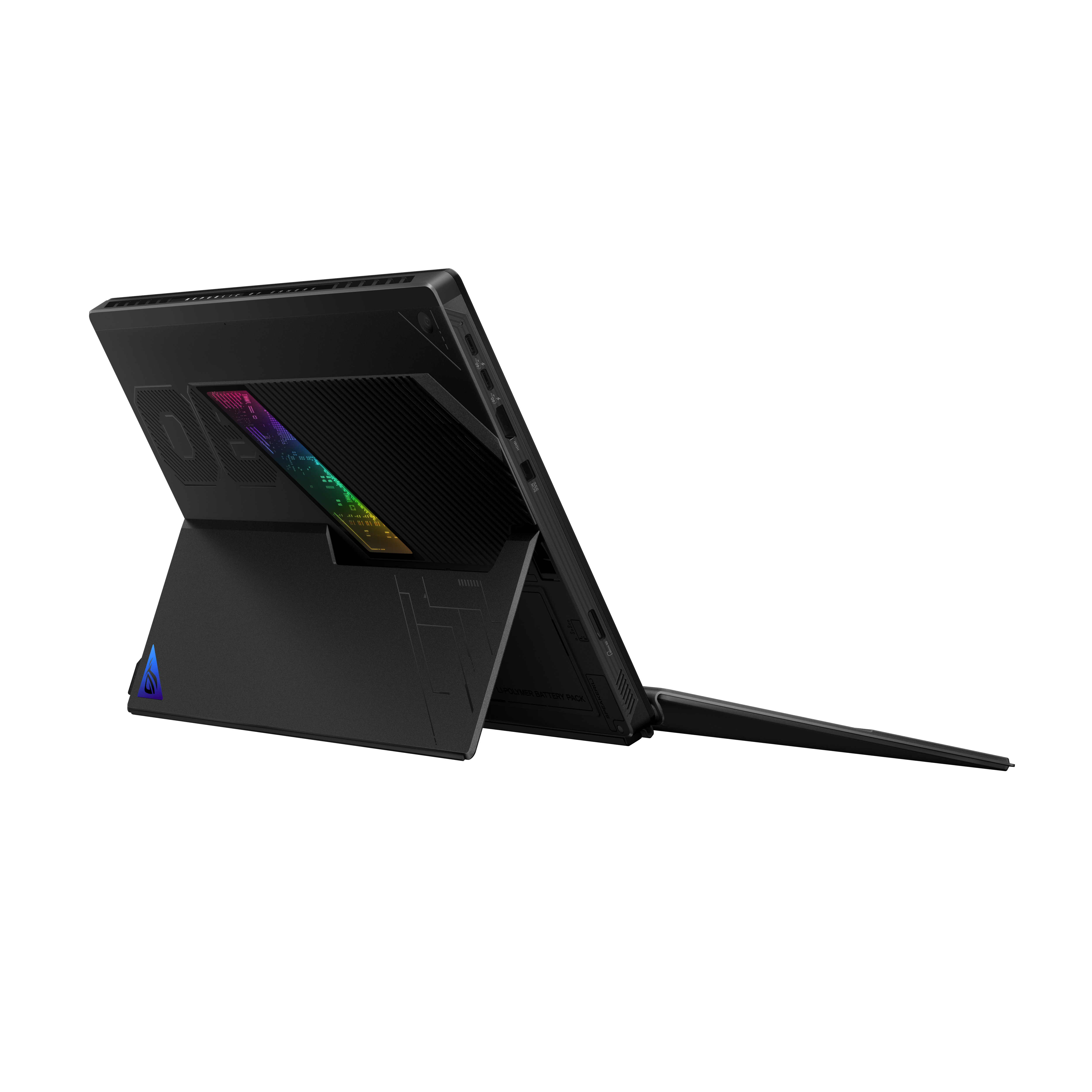Black laptop with a stand. The screen is tilted, with a colorful light display. The background is plain white.