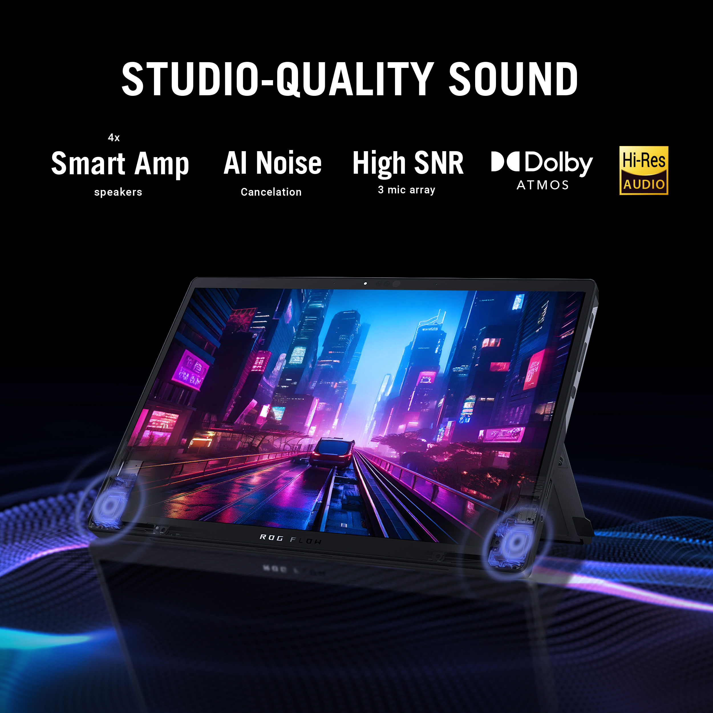 A tablet displays a futuristic city scene. Text highlights audio features: Smart Amp, AI Noise, High SNR, Dolby Atmos, and Hi-Res Audio.