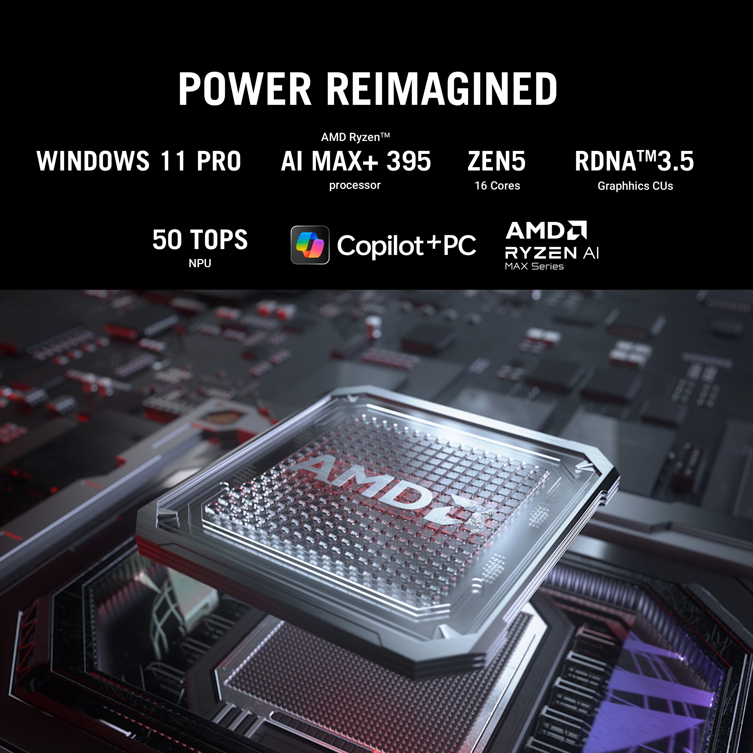 Image shows an AMD processor with text: Power Reimagined. Features include Windows 11 Pro and RDNA 3.5.