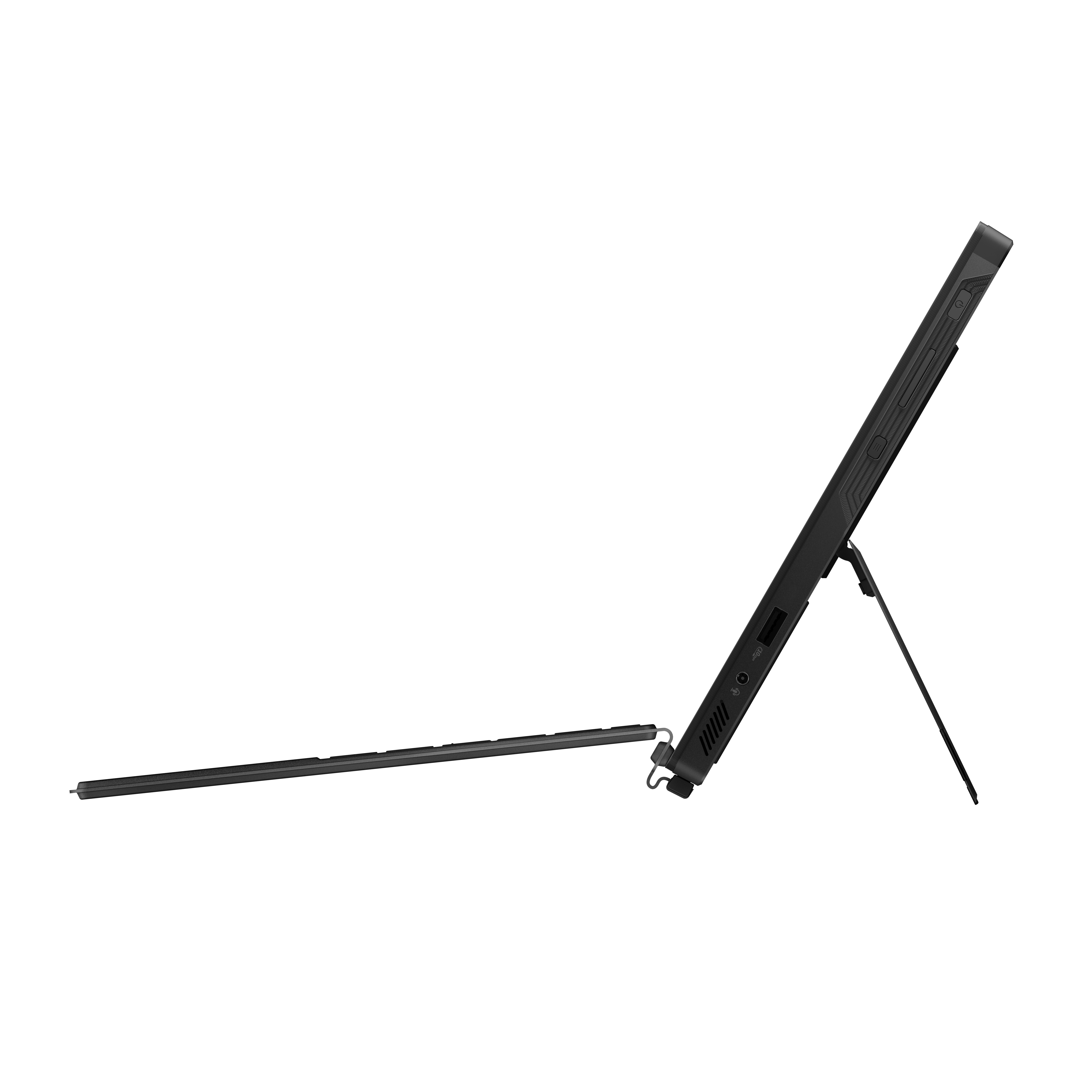 Black tablet propped up with stand, keyboard attached. White background.