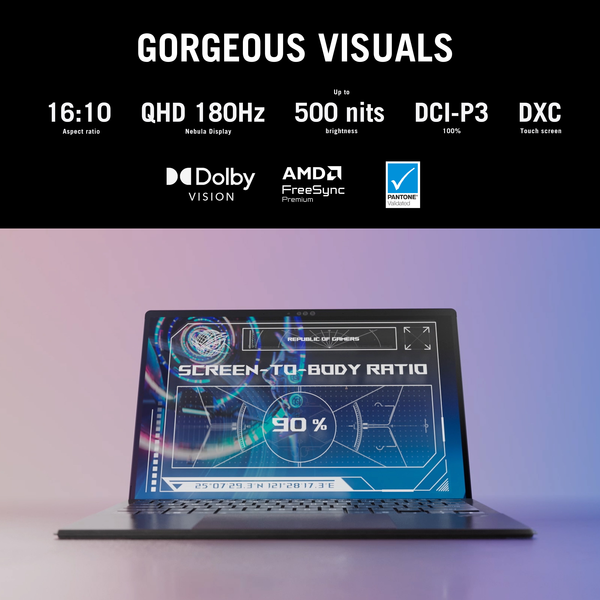 Laptop with a blue screen displays technical specs. Background is gradient purple. Texts: QHD, 180Hz, 500 nits, and more.