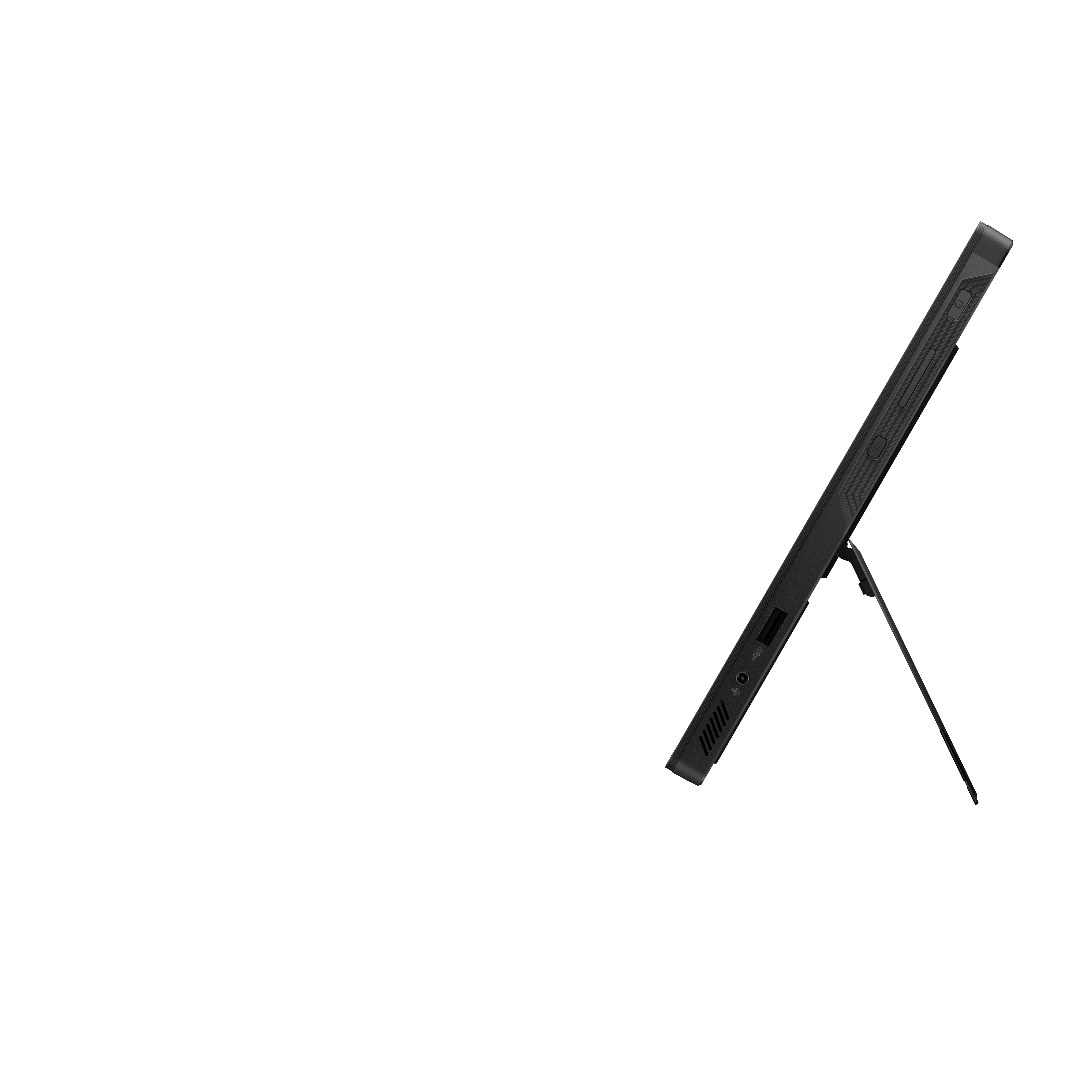 A black tablet on a stand. The tablet is angled and the stand supports it.