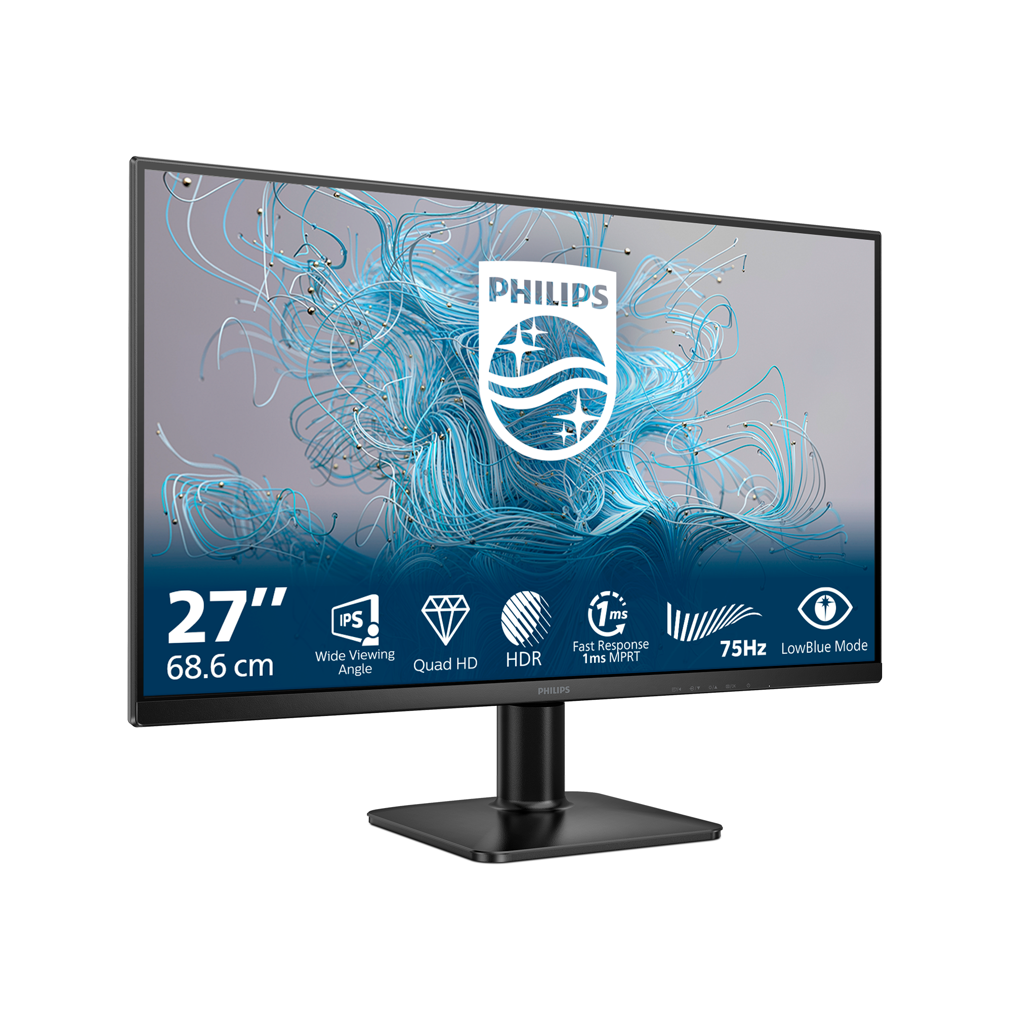 Ein Philips 27-Zoll-Monitor. Zu den Merkmalen gehören IPS, Quad HD, HDR, 1ms Reaktionszeit, 75Hz und LowBlue Mode auf einem schwarzen Ständer.