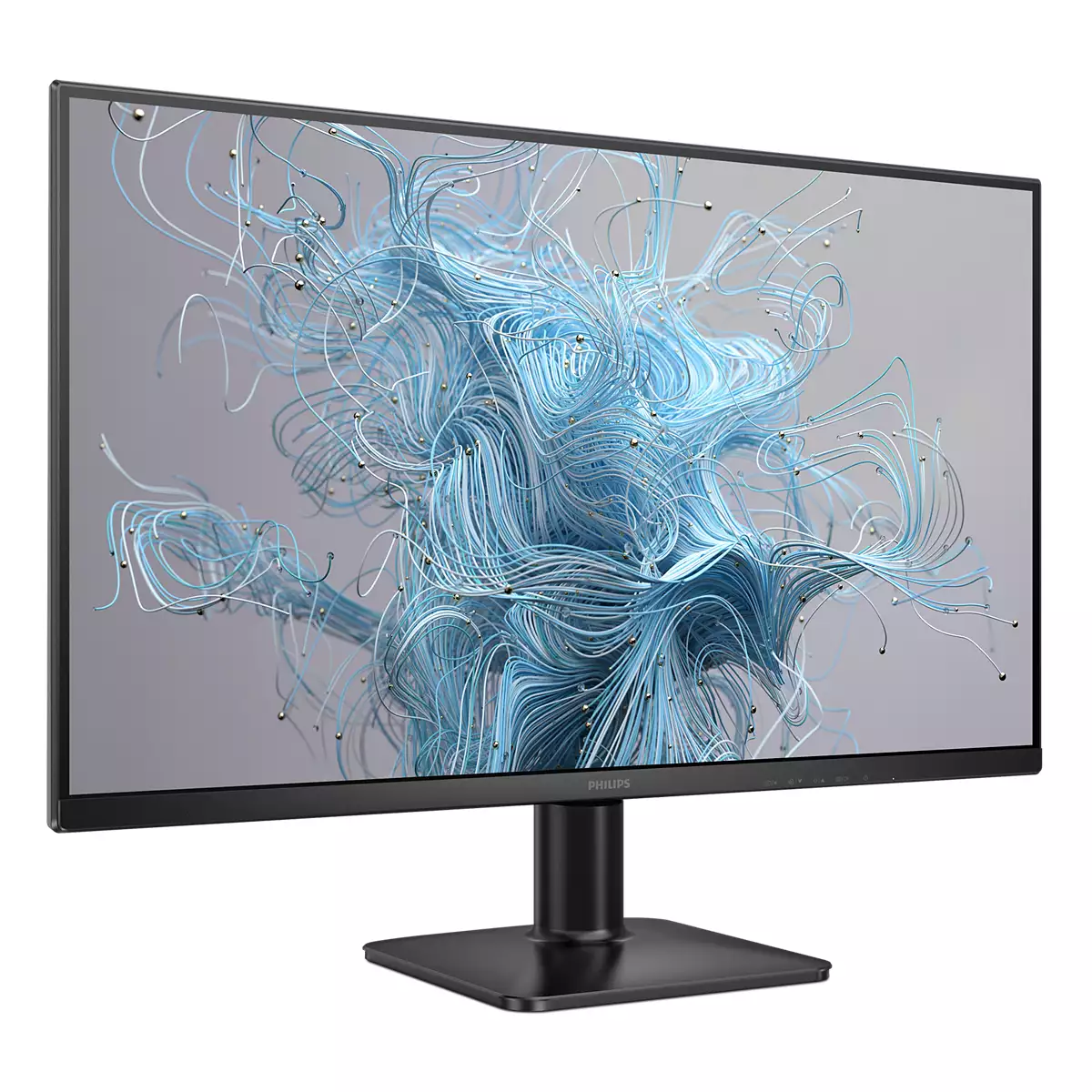 Ein schwarzer Philips-Monitor zeigt abstrakte blaue und weiße Linien. Der Monitor hat einen schwarzen Ständer und eine quadratische Basis.