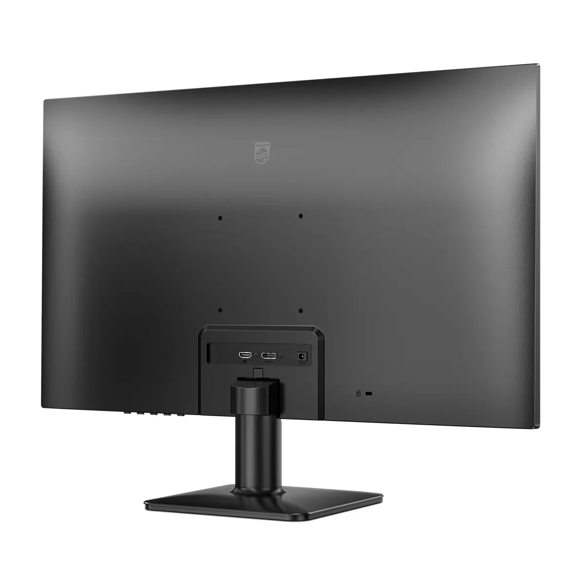 Die Rückseite eines schwarzen Computermonitors wird gezeigt. Er hat einen Ständer und ein paar Anschlüsse. Das Markenlogo ist oben sichtbar.
