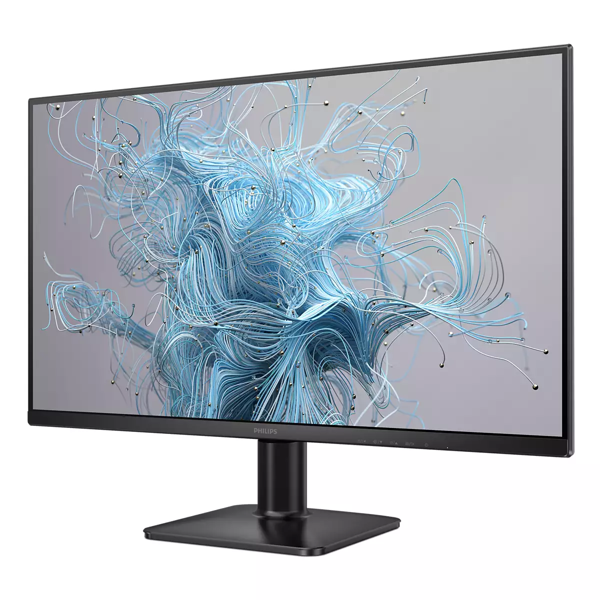 Ein schwarzer Philips-Monitor zeigt blaue abstrakte Kunst mit grauem Hintergrund. Der Monitor steht auf einem schwarzen Sockel.
