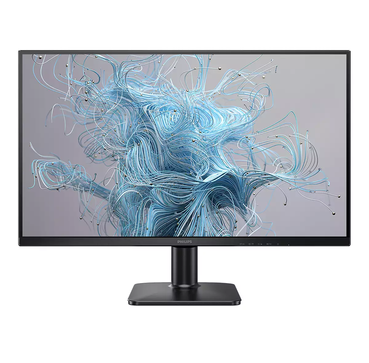 Ein schwarzer Philips-Monitor zeigt blaue abstrakte Kunst vor grauem Hintergrund. Der Monitor steht auf einem schwarzen Ständer.