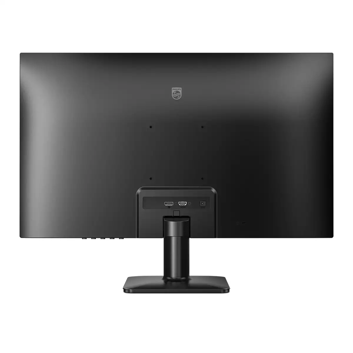 Die Rückseite eines schwarzen Philips-Monitors. Er hat Anschlüsse, einen Ständer und das Philips-Logo oben.