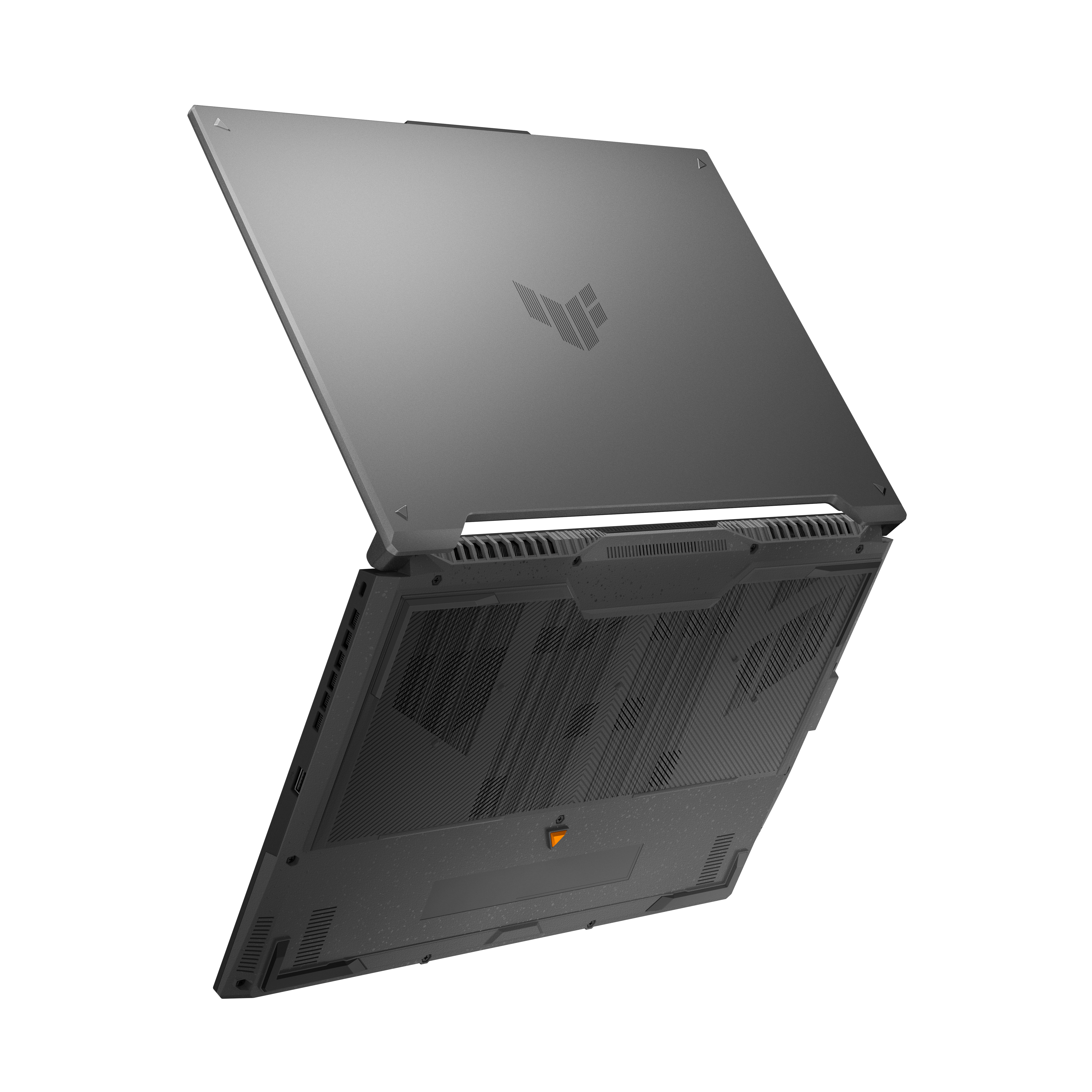 Een grijze laptop is open, met de toetsenbordbasis en het scherm. De achtergrond is wit.