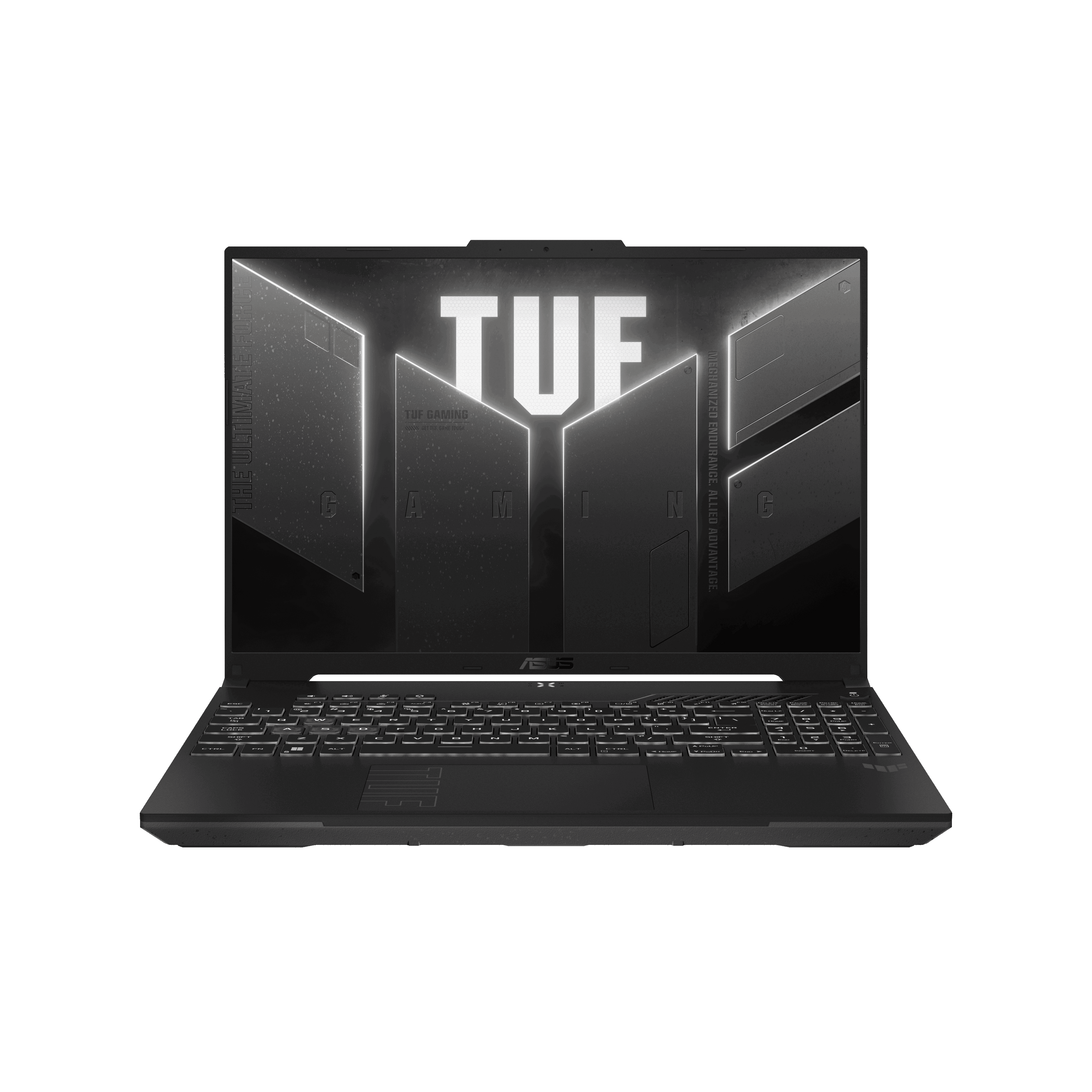 Een zwarte laptop op een zwarte achtergrond. Het scherm toont een logo. Toetsenbord zichtbaar.