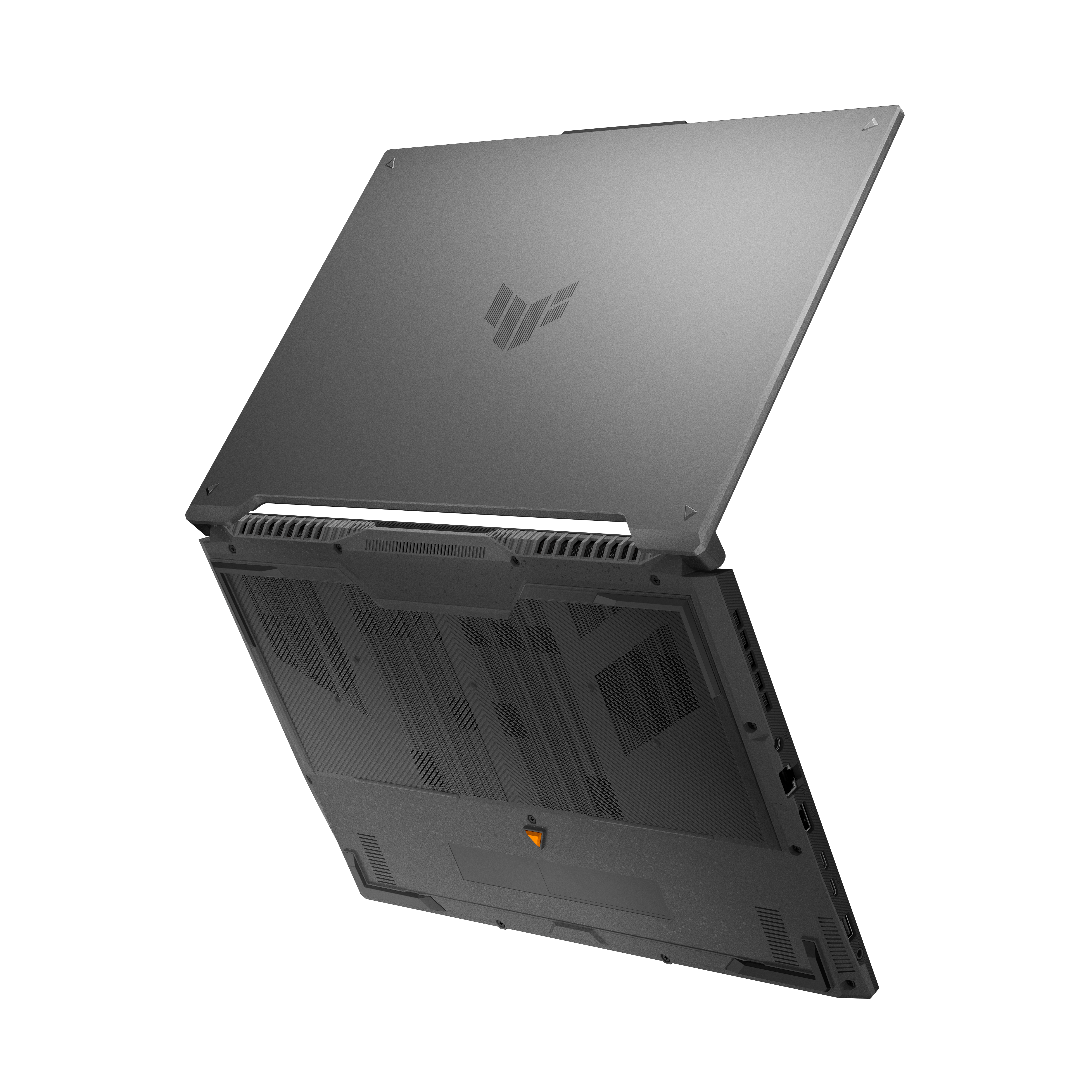 Een donkergrijze laptop staat iets open en toont het toetsenbordgedeelte. De achtergrond is wit.