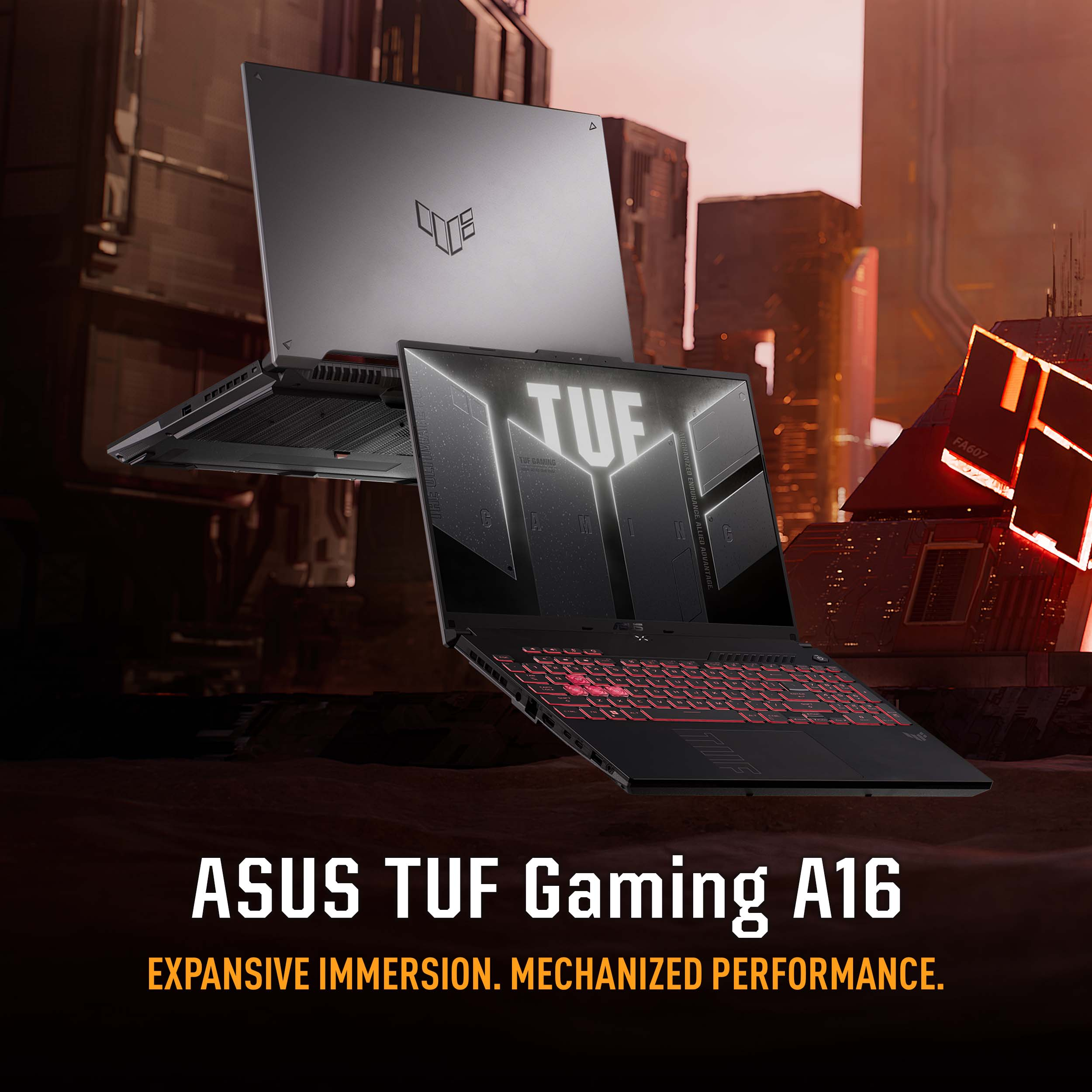 Twee zwarte ASUS TUF Gaming A16 laptops. Eén open met rood verlicht toetsenbord, de ander dicht, in een futuristische setting.