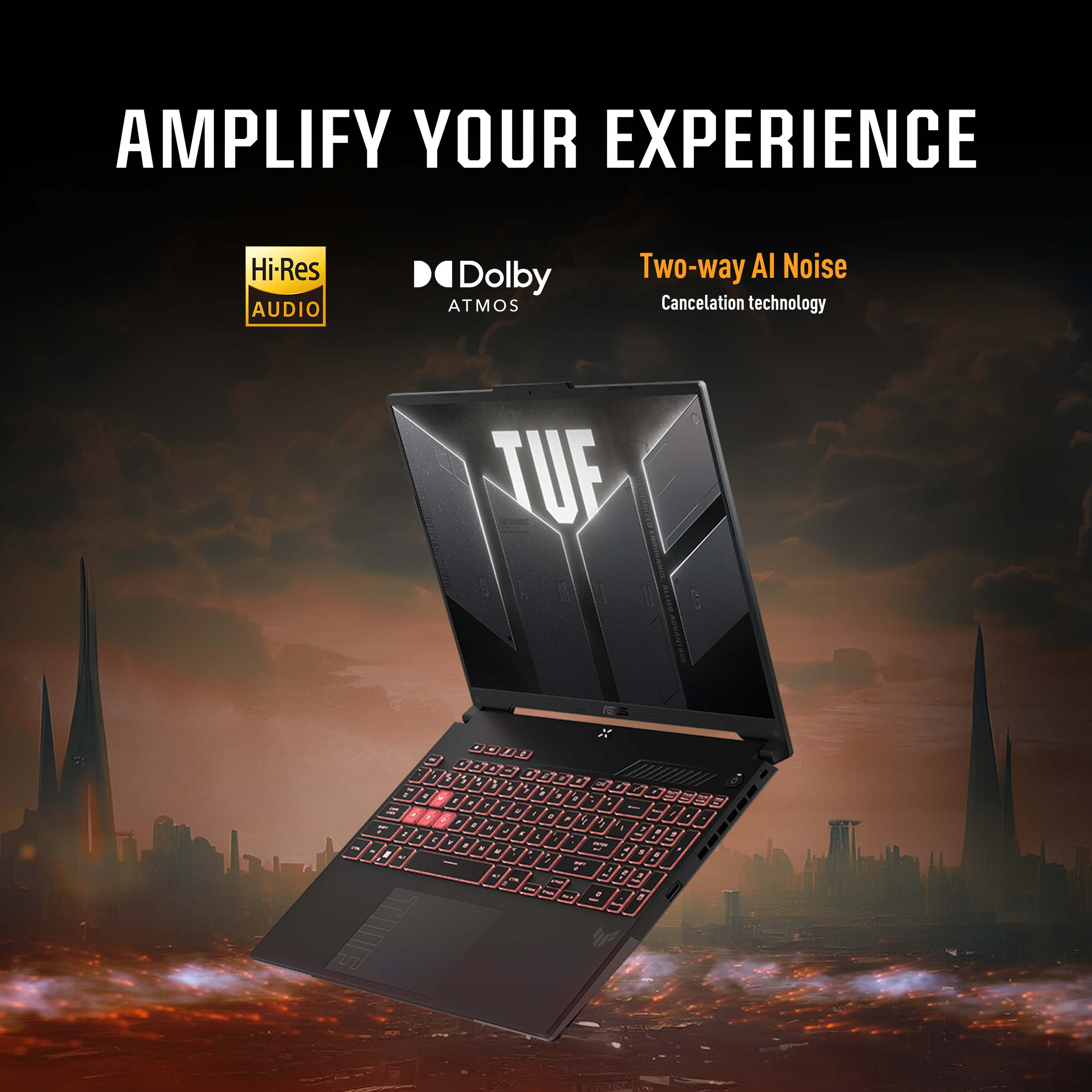Een laptop met een rood verlicht toetsenbord is omhoog gekanteld. De achtergrond toont een stad en audiotekst.