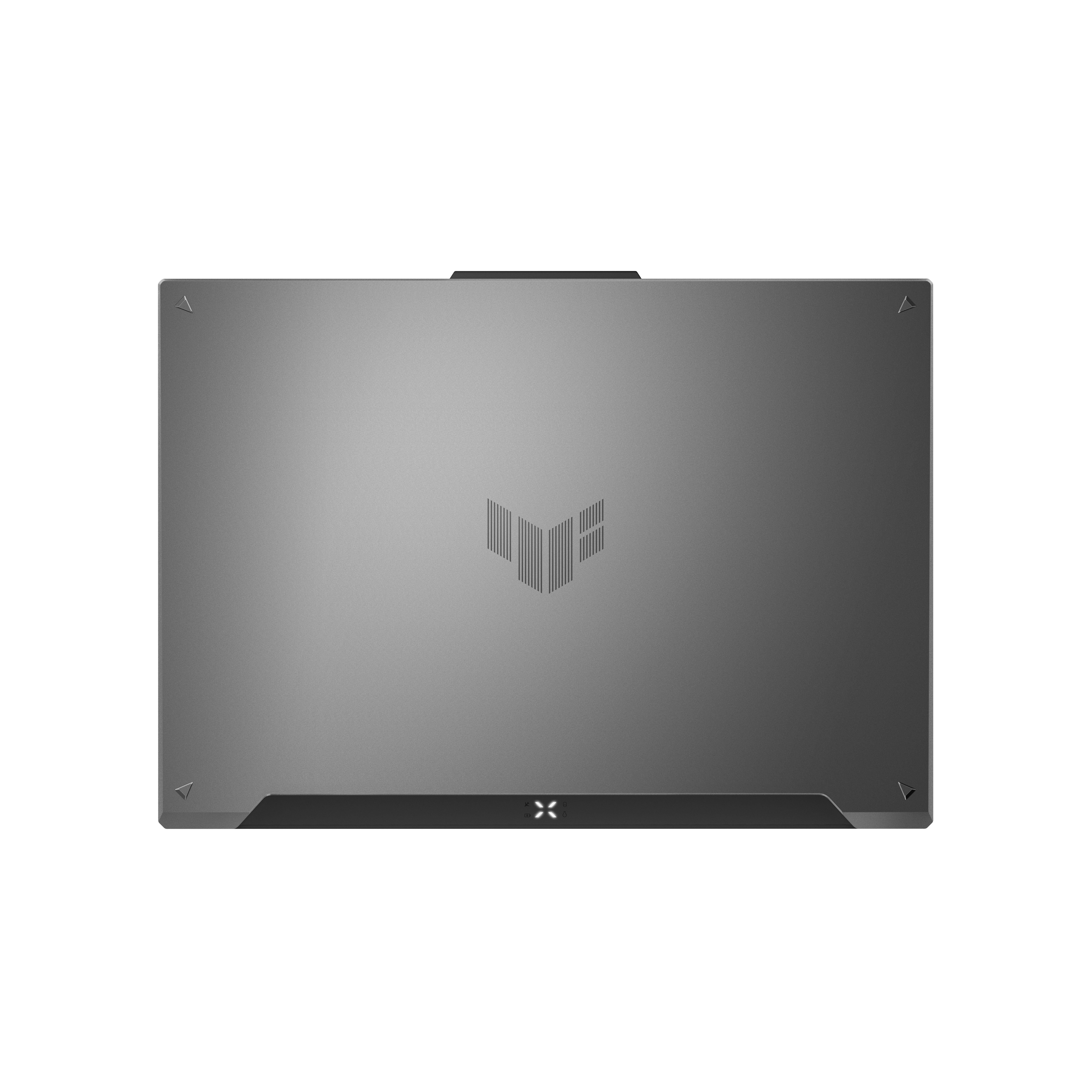 Bovenaanzicht van een grijze laptop. Het Asus TUF-logo staat in het midden. Driehoeken op de hoeken. Zwarte balk onderaan.