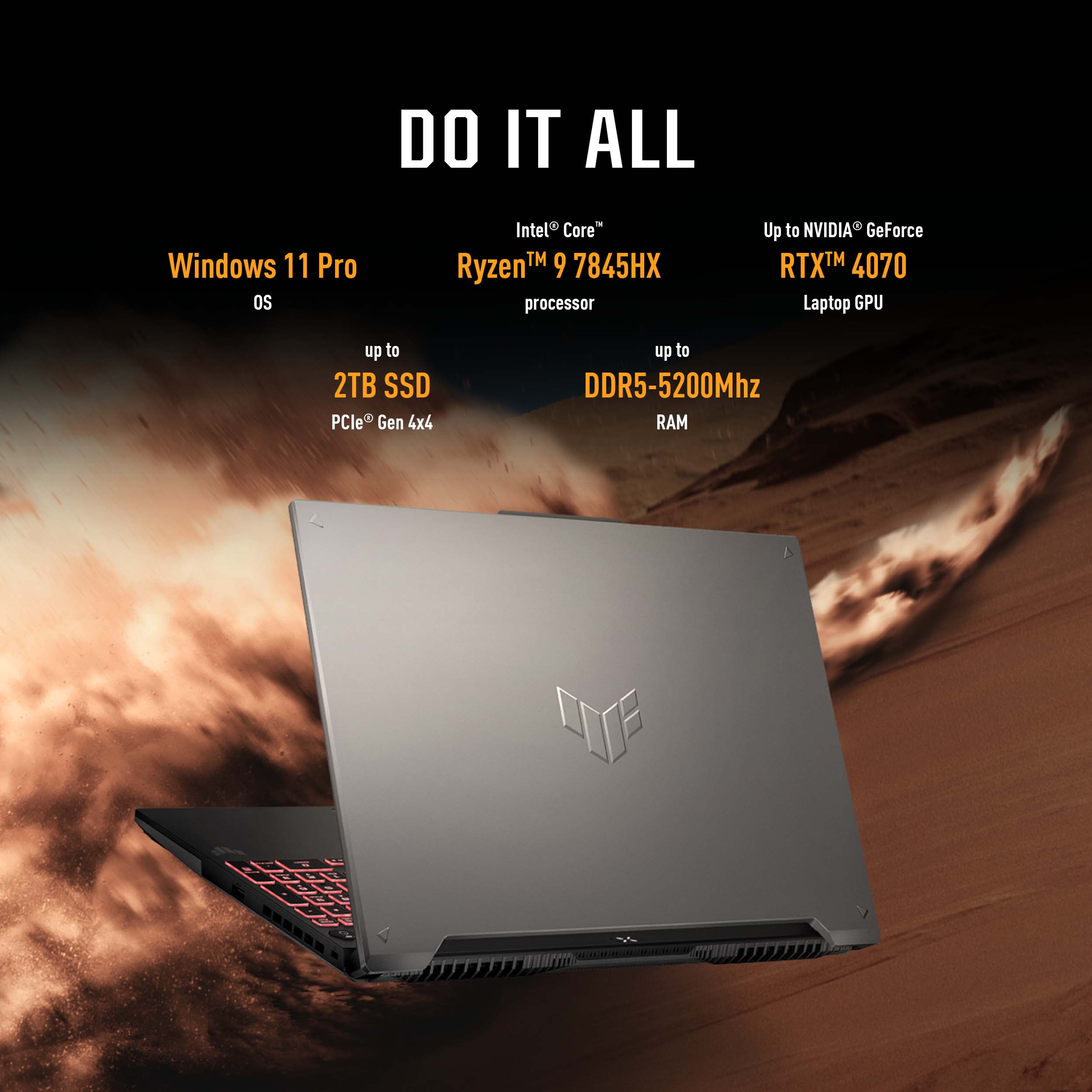 Een laptop met de tekst 'Do It All'. Kenmerken zijn een Ryzen-processor, RTX 4070 GPU en Windows 11 Pro.