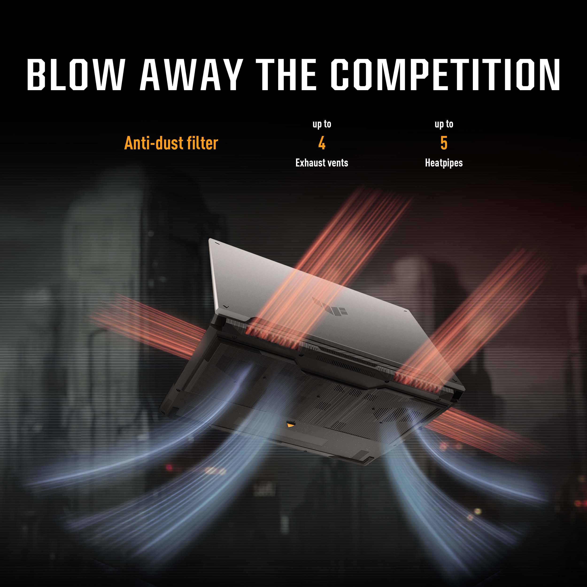 Laptop met rode en blauwe luchtstroomlijnen. Tekst: Blow Away The Competition, anti-stoffilter, 4 uitlaatventielen, 5 heatpipes.