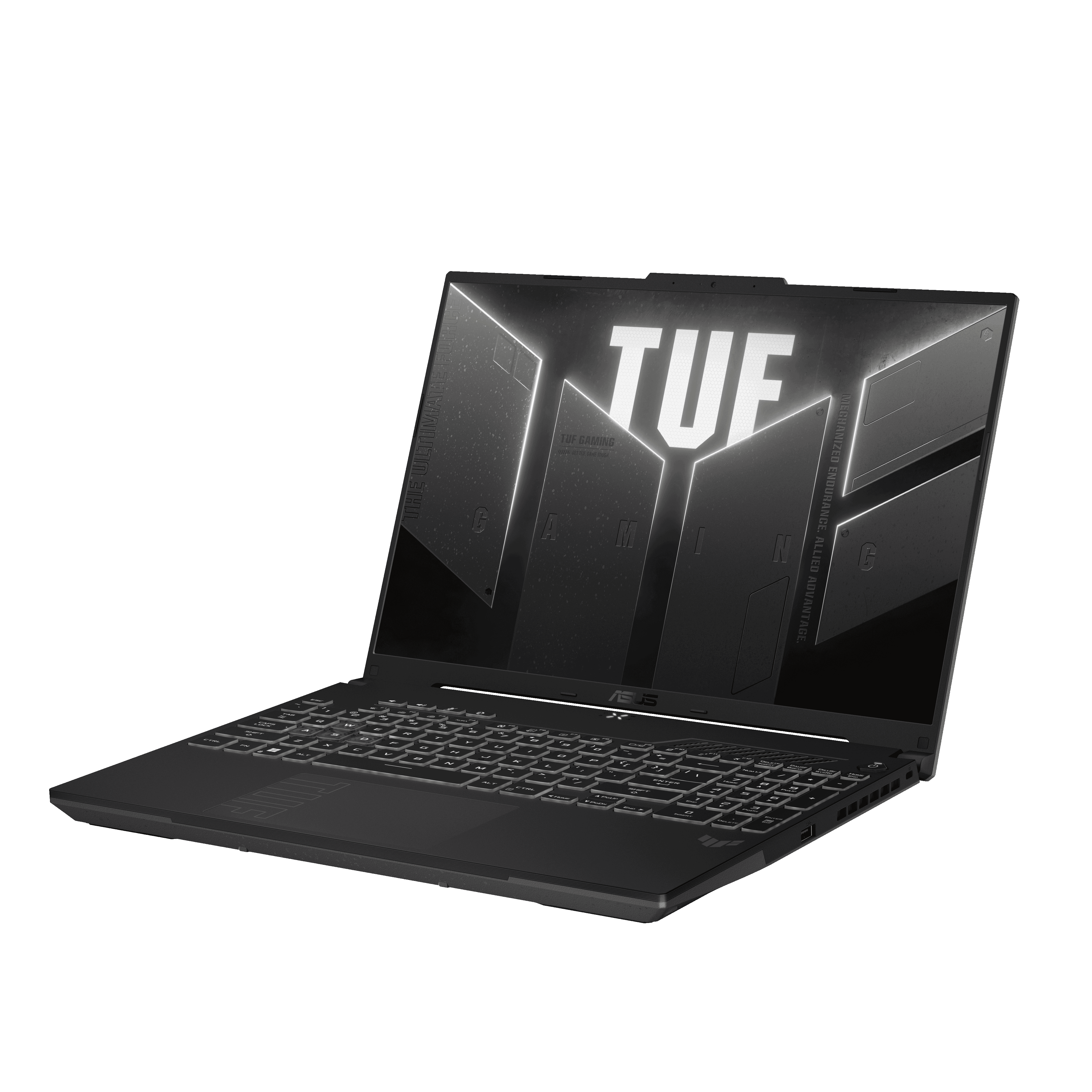 Een zwarte ASUS TUF gaming laptop. Het scherm toont het 'TUF' logo. Toetsenbord en behuizing zijn ook zwart. De achtergrond is zwart.