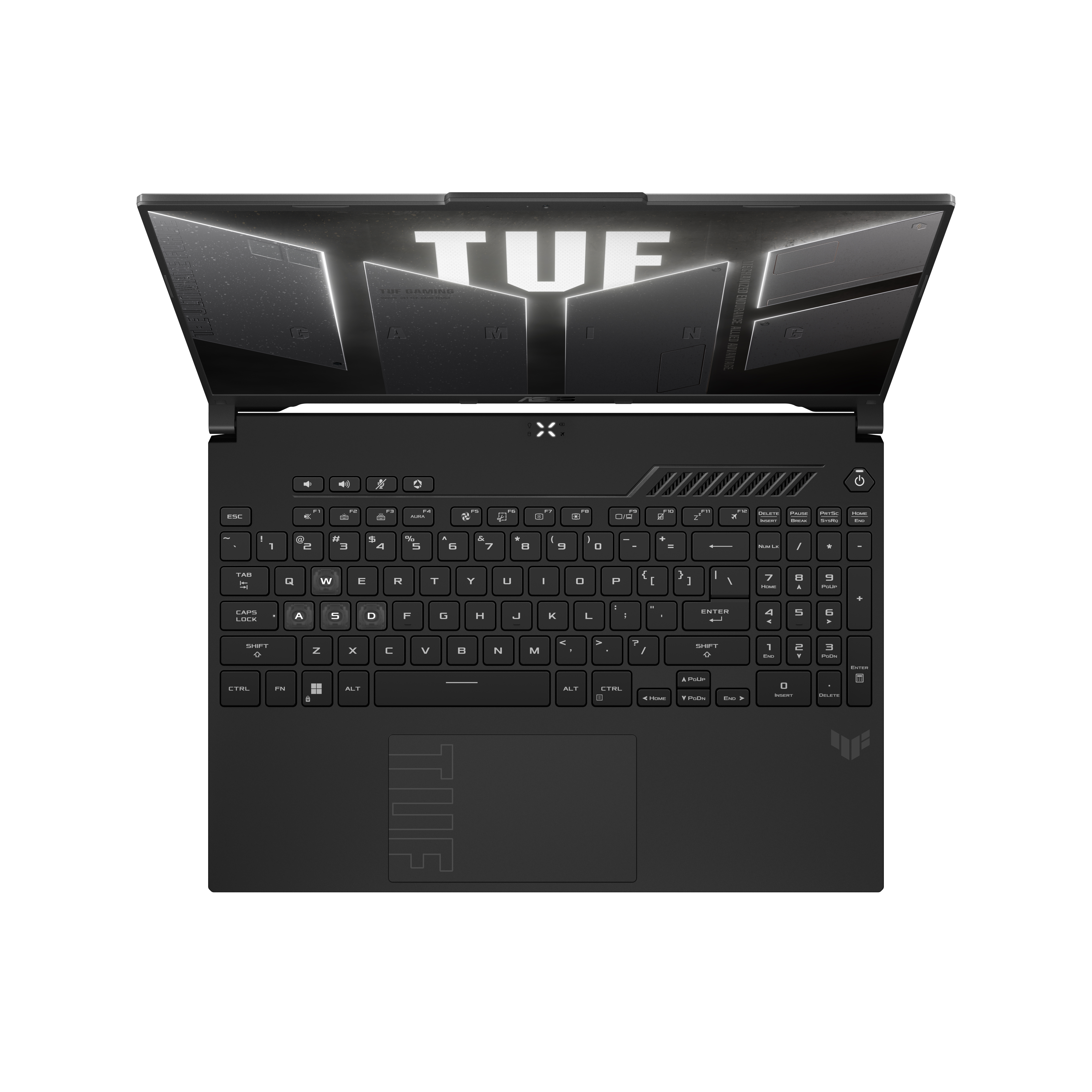 Zwarte laptop, open op een wit oppervlak. Toetsenbord zichtbaar met TUF-logo. Scherm toont witte tekst op zwart.