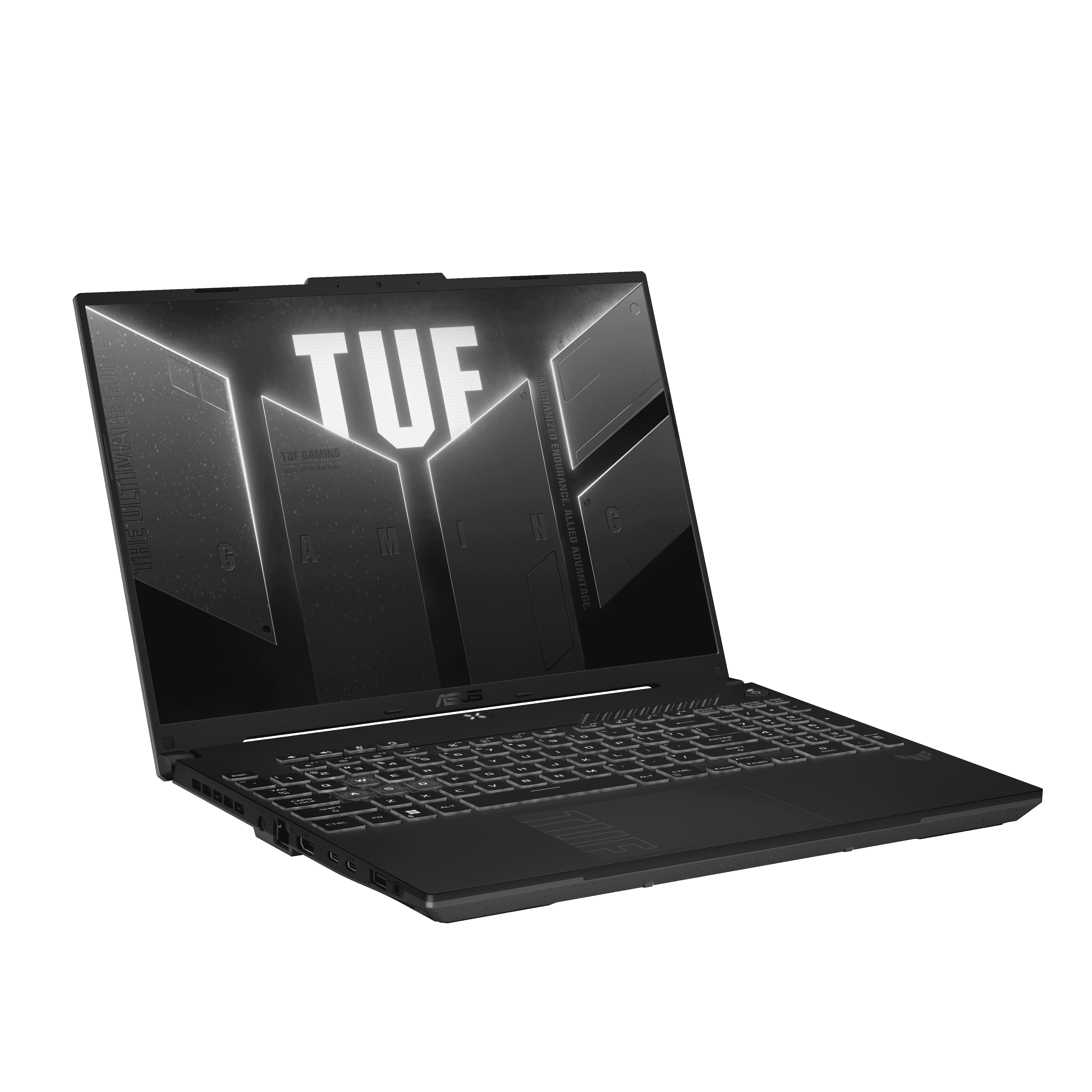Een zwarte laptop wordt in een hoek getoond tegen een zwarte achtergrond. Het scherm toont het woord 'TUF'.