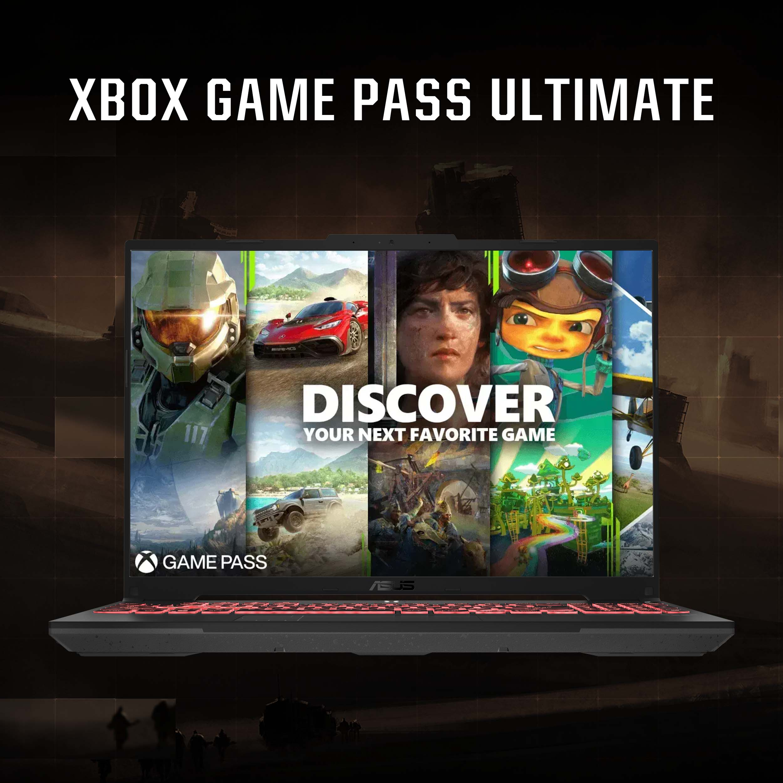 Laptop met Xbox Game Pass Ultimate en game-afbeeldingen. Tekst: 'Ontdek je volgende favoriete game'.