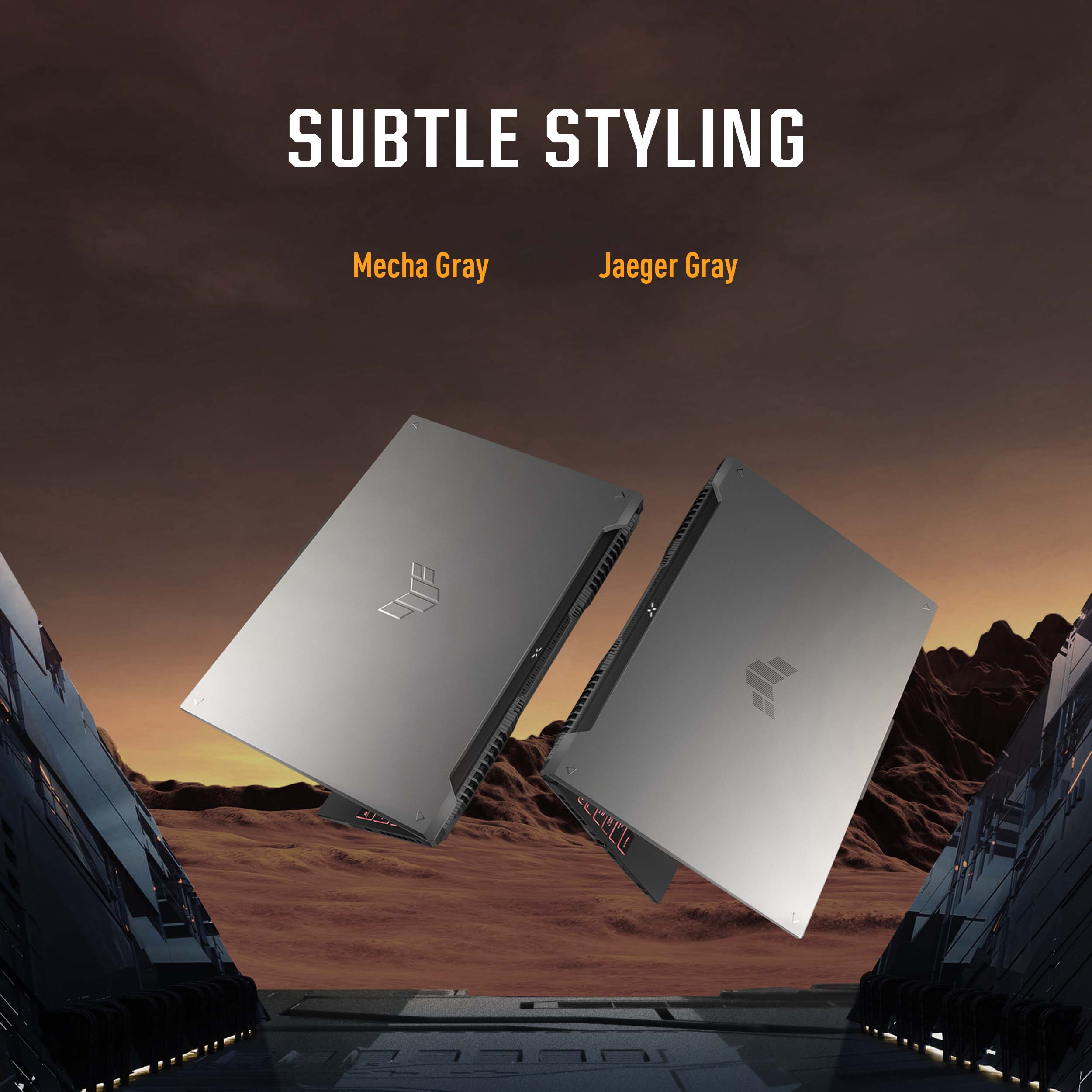 Twee grijze laptops zweven boven een futuristisch landschap. De bovenste tekst luidt 'Subtiele styling'. Daaronder 'Mecha Gray' en 'Jaeger Gray'.