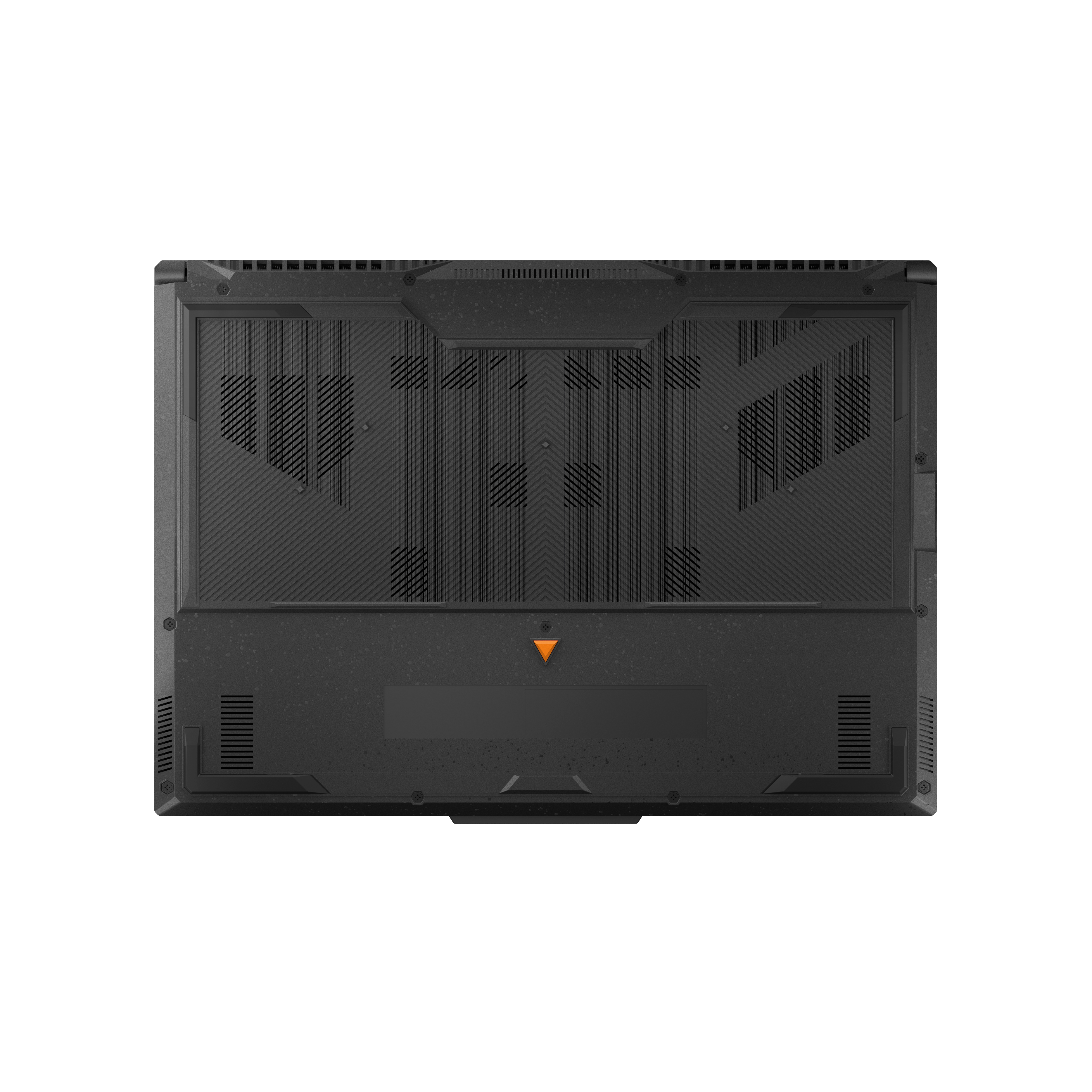 Dessous d'ordinateur portable noir avec aérations, logo orange et surfaces texturées. Vue de dessus, isolé.