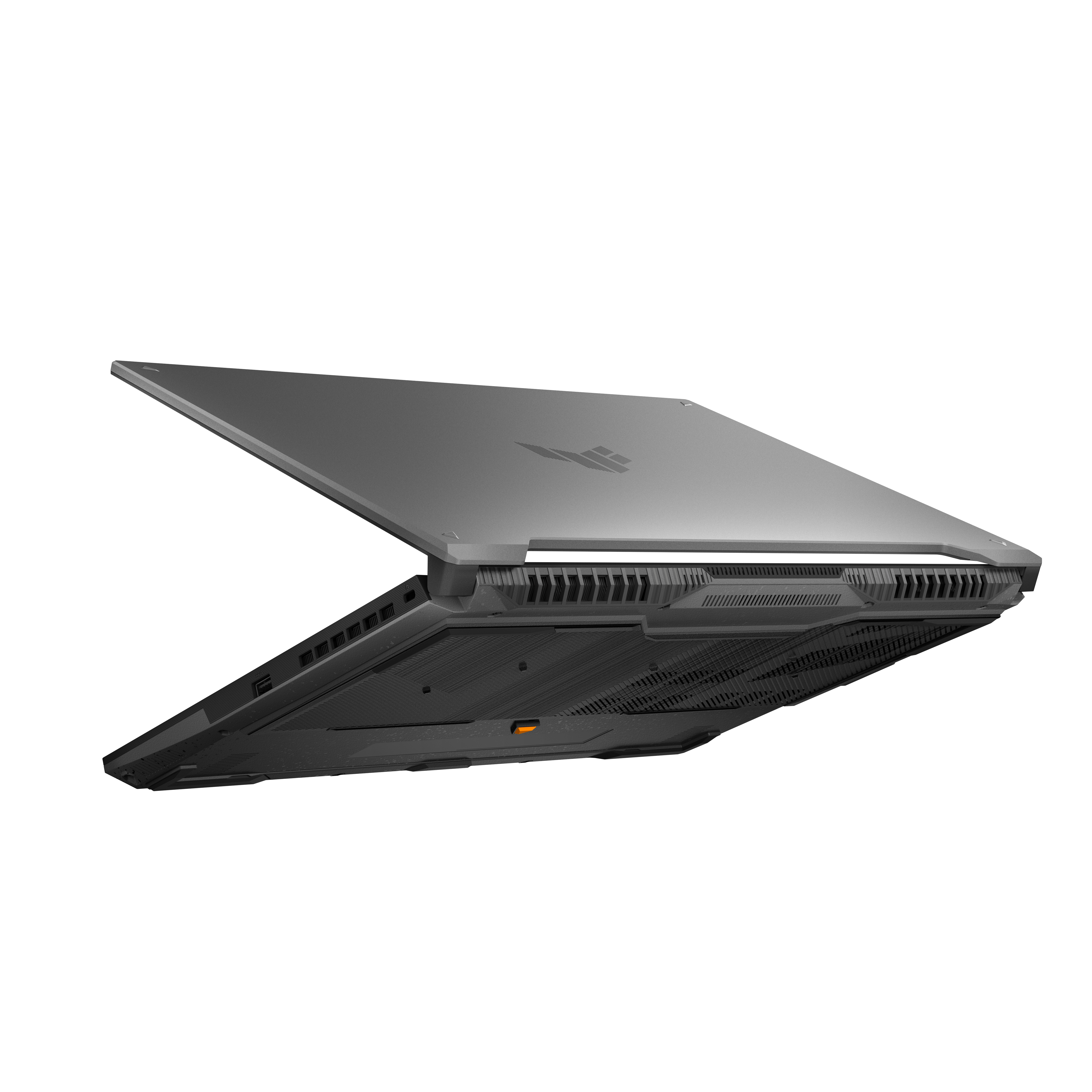 Un ordinateur portable gris est ouvert en angle, montrant le dessous et le dessus. Le fond est blanc.