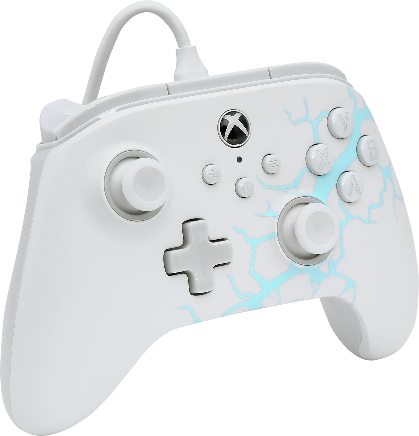 Fehér Xbox vezérlő kék villám mintával. Gombok, hüvelykujjak és egy D-pad található rajta.
