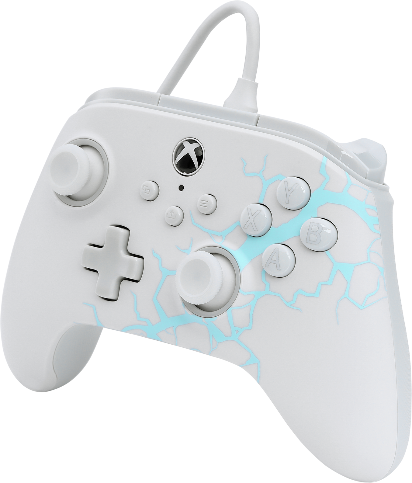 Fehér Xbox kontroller kék villám mintával. Gombok, hüvelykujjak és vezetékes csatlakozás.