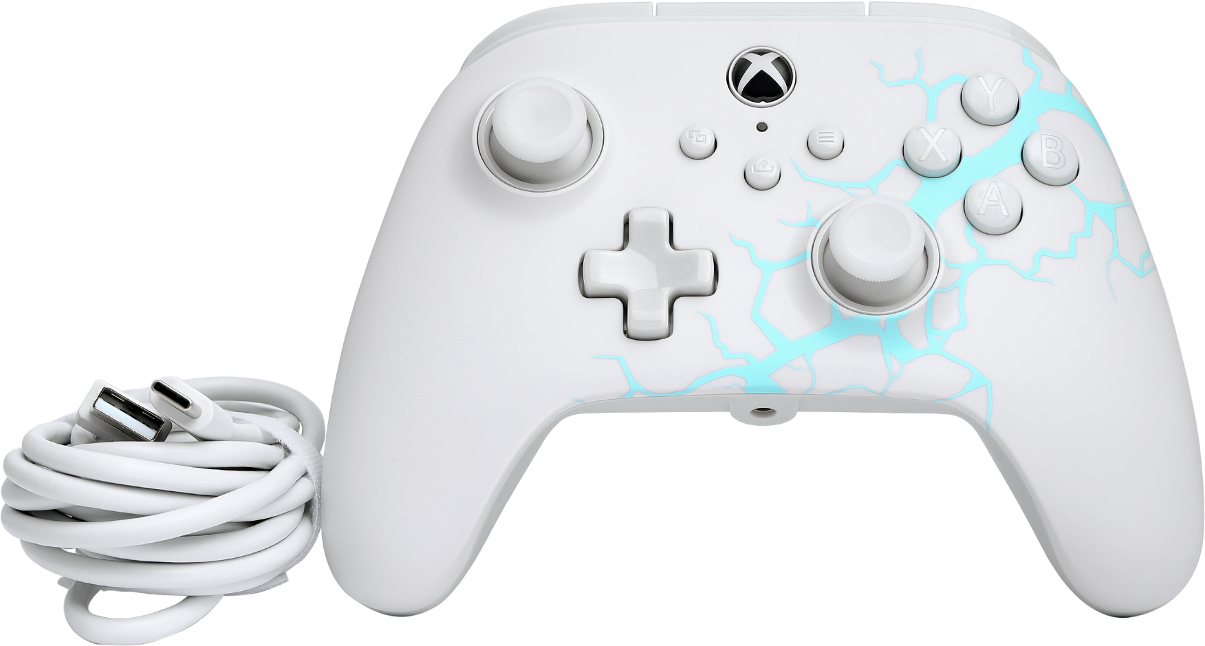 Fehér Xbox vezérlő kék villám mintával. Fehér USB kábelt tartalmaz. Gombok: A, B, X, Y, D-pad és joystickek.