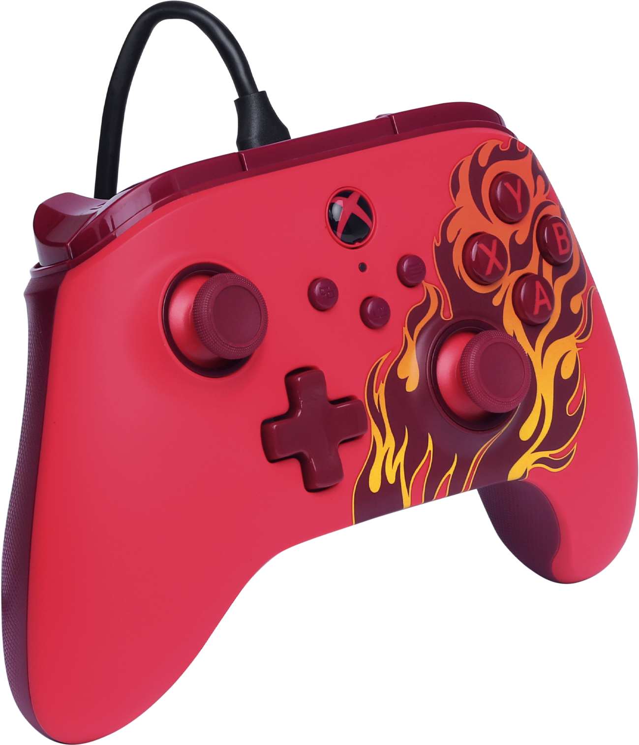 Piros Xbox kontroller lángmintával és fekete kábellel. Gombok: A, B, X, Y és iránygombok.