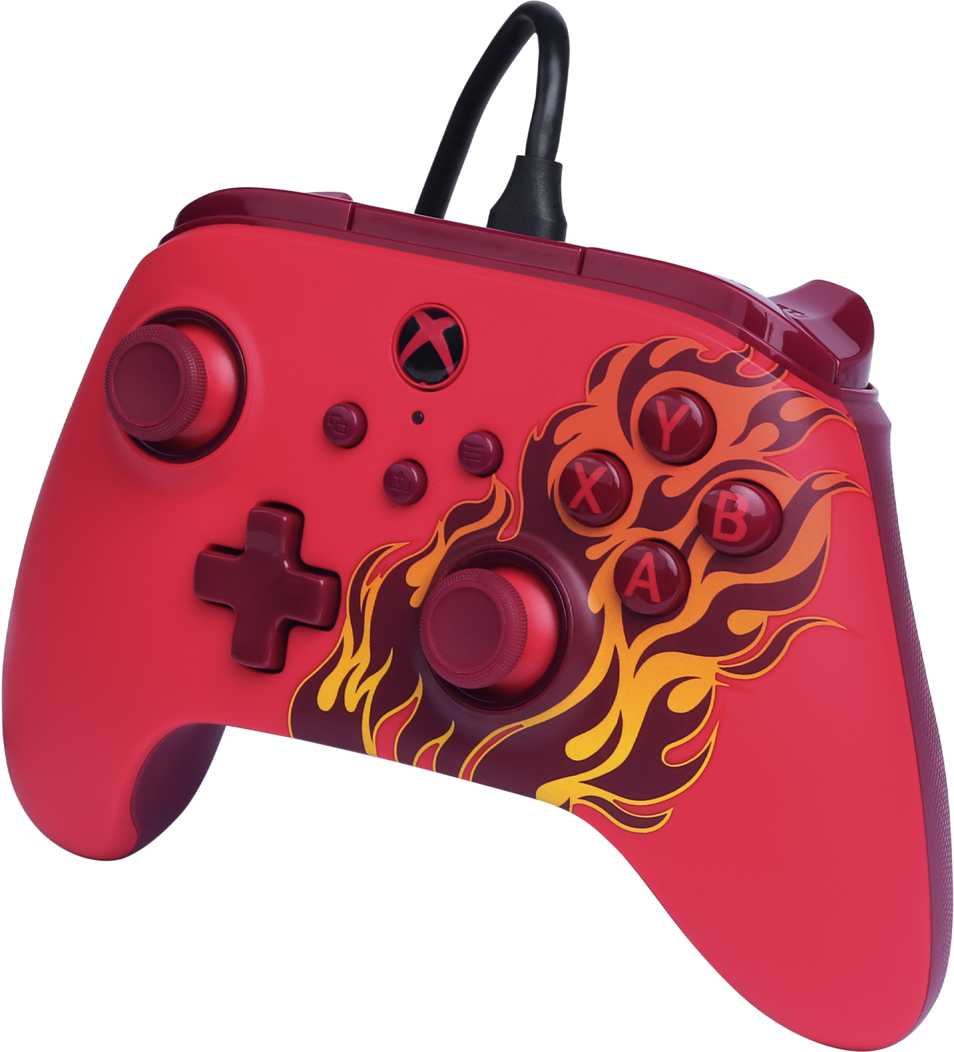 Piros Xbox kontroller lángmintával. Gombok, joystickek és kábel van rajta. A háttér fekete.